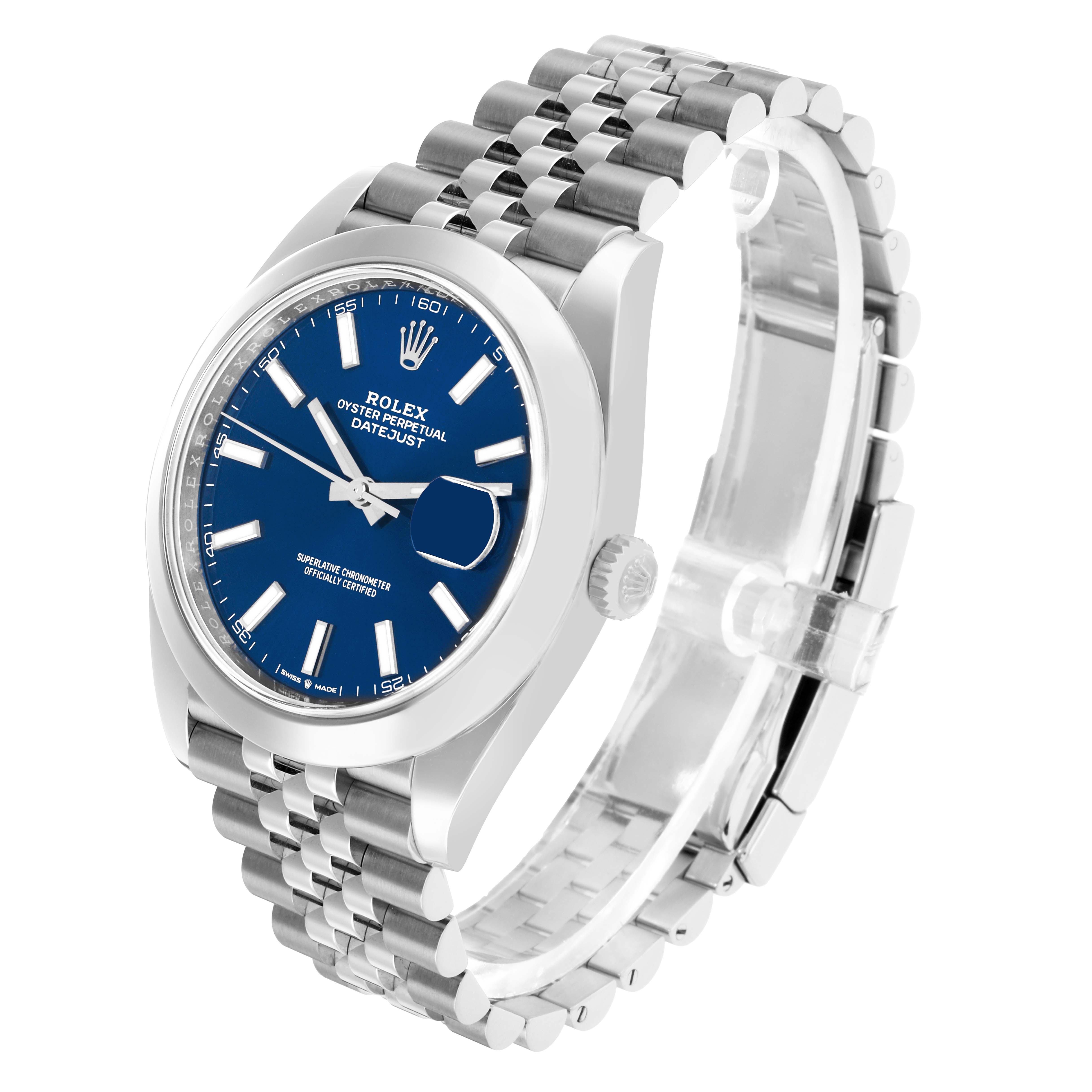 The Rolex Datejust 41 126300 Men
s Stainless Steel Blue Dial is shown at a three-quarter angle, highlighting the dial, case, crown, and bracelet.