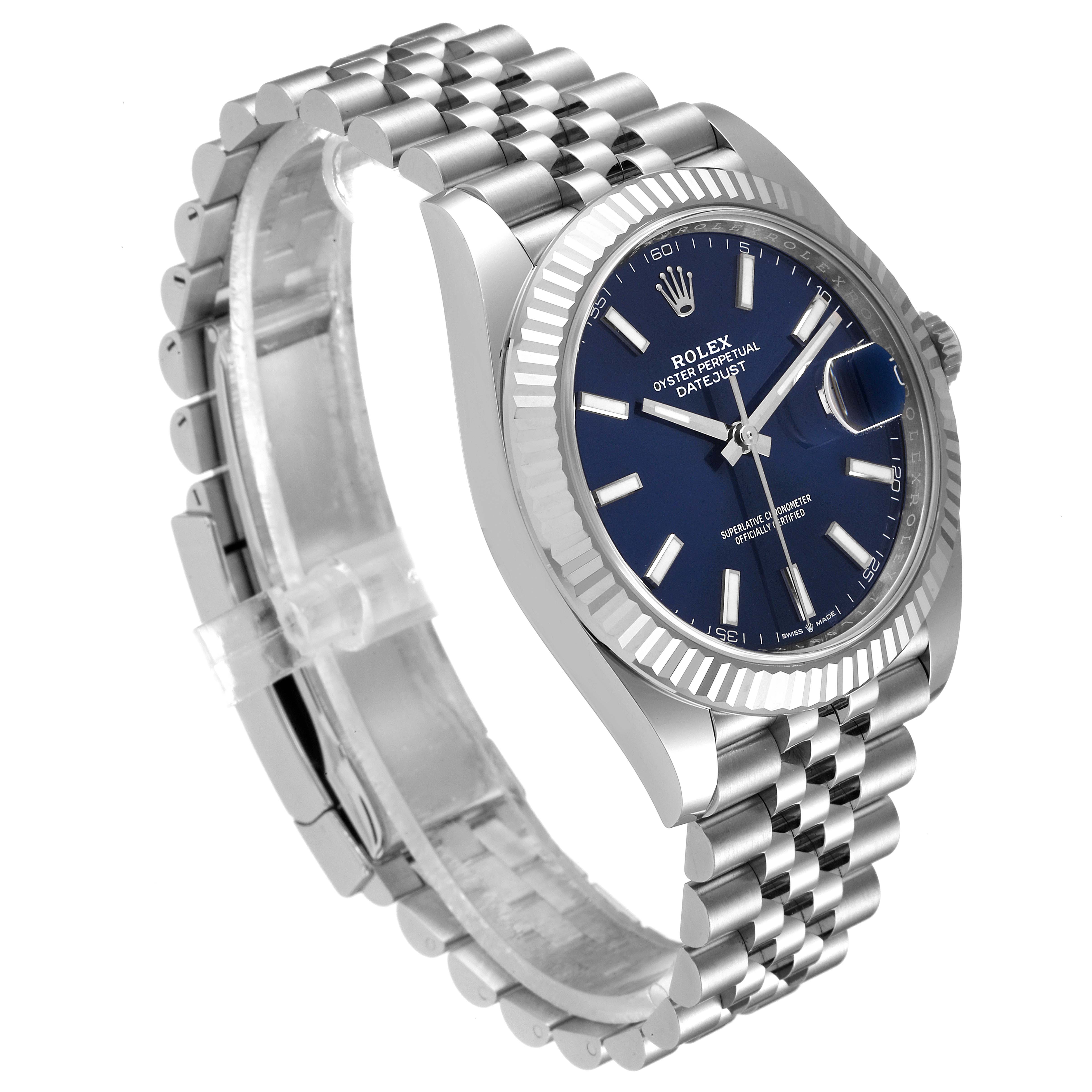 The image shows a side angle of the Rolex Datejust 41 126334 Men's Stainless Steel Blue Dial 126334 Men's Stainless Steel Blue Dial watch, highlighting its stainless steel bracelet, blue dial, and fluted bezel.