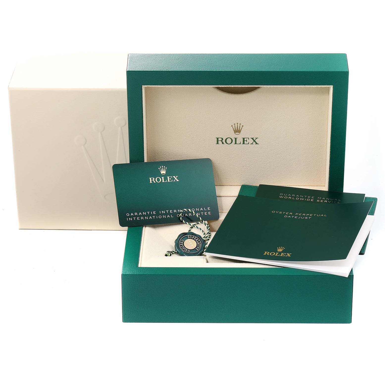 The image displays the packaging, warranty cards, manuals, and accessory tag for a Rolex Datejust 41 126334 Men's Stainless Steel Blue Dial 126334 Men's Stainless Steel Blue Dial model.