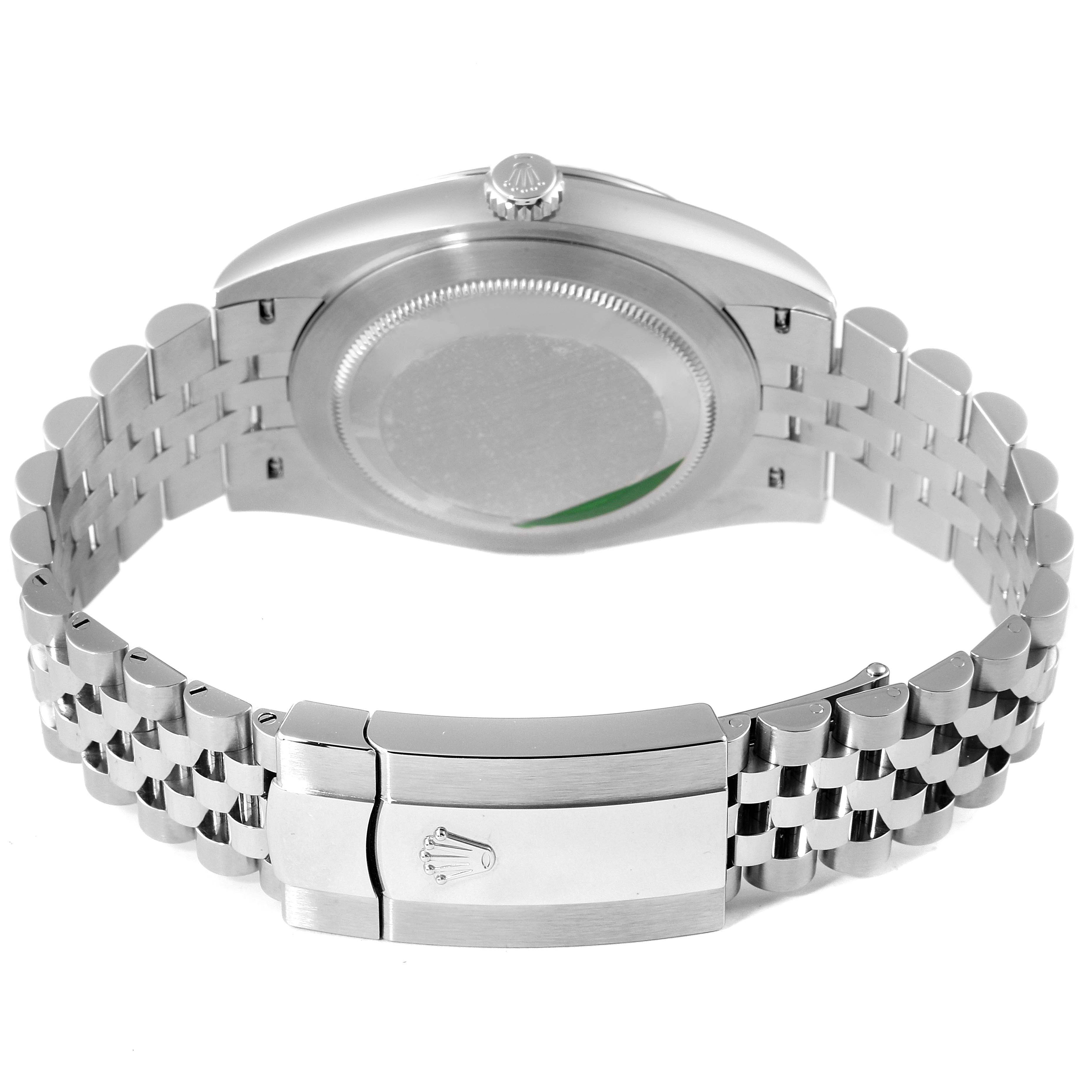 The image shows the back view of a Rolex Datejust 41 126334 Men's Stainless Steel Blue Dial 126334 Men's Stainless Steel Blue Dial, including the case back, crown, and jubilee bracelet with a clasp.