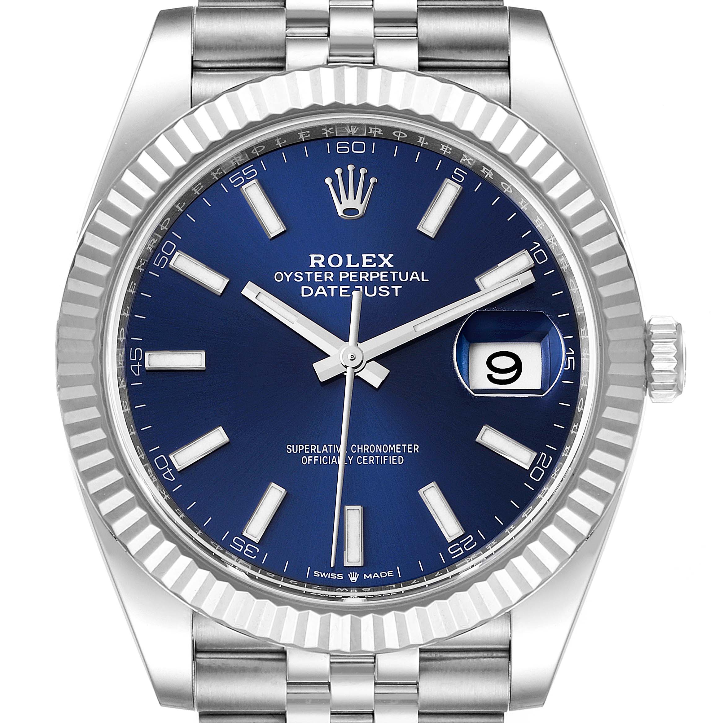 The image shows a front view of the Rolex Datejust 41 126334 Men's Stainless Steel Blue Dial 126334 Men's Stainless Steel Blue Dial watch, highlighting its blue dial, date window, fluted bezel, and Jubilee bracelet.