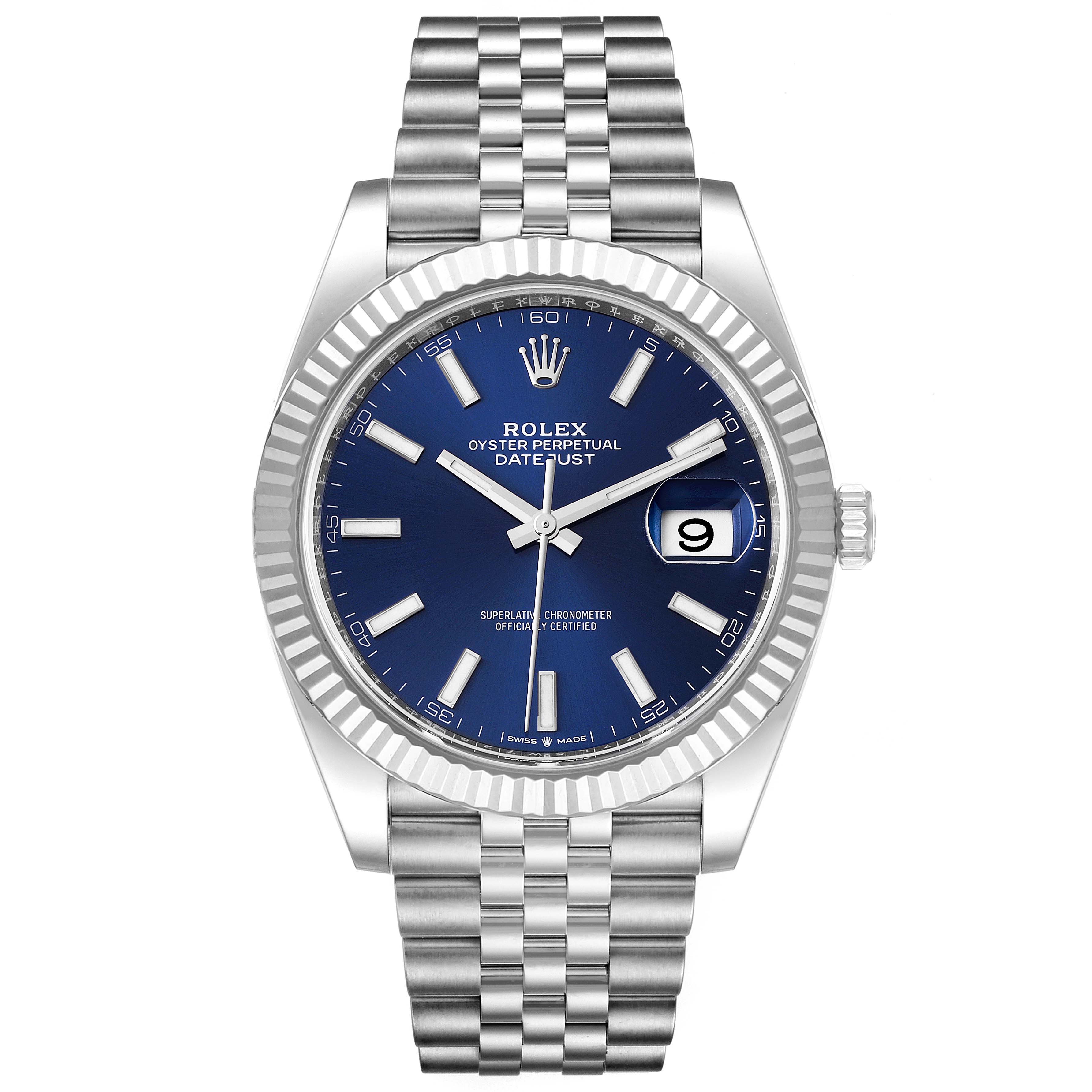 This image shows the front view of the Rolex Datejust 41 126334 Men's Stainless Steel Blue Dial 126334 Men's Stainless Steel Blue Dial with a blue dial, fluted bezel, and Jubilee bracelet.