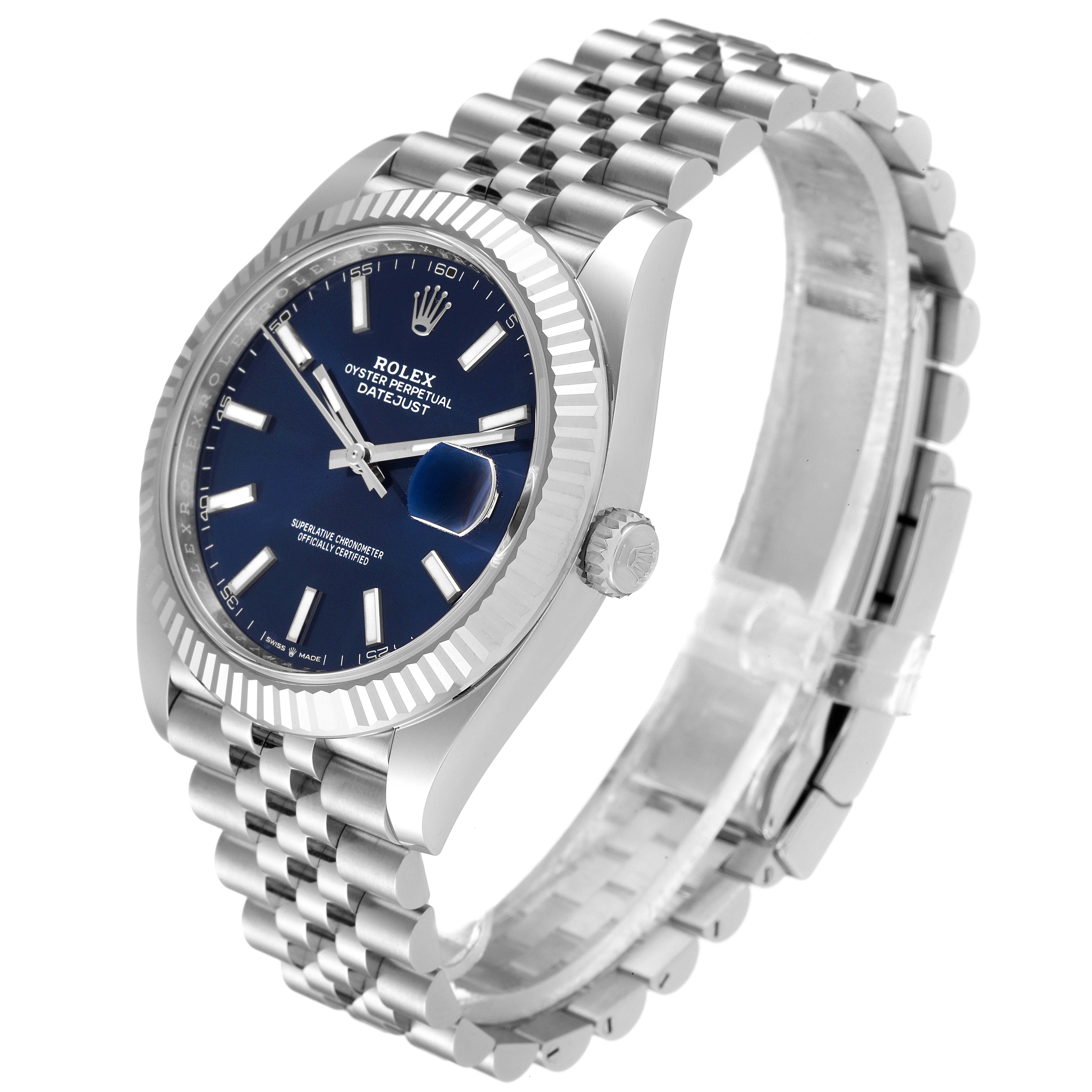 The Rolex Datejust 41 126334 Men's Stainless Steel Blue Dial 126334 Men's Stainless Steel Blue Dial watch is shown at a three-quarter angle, displaying its blue dial, fluted bezel, crown, and Jubilee bracelet.