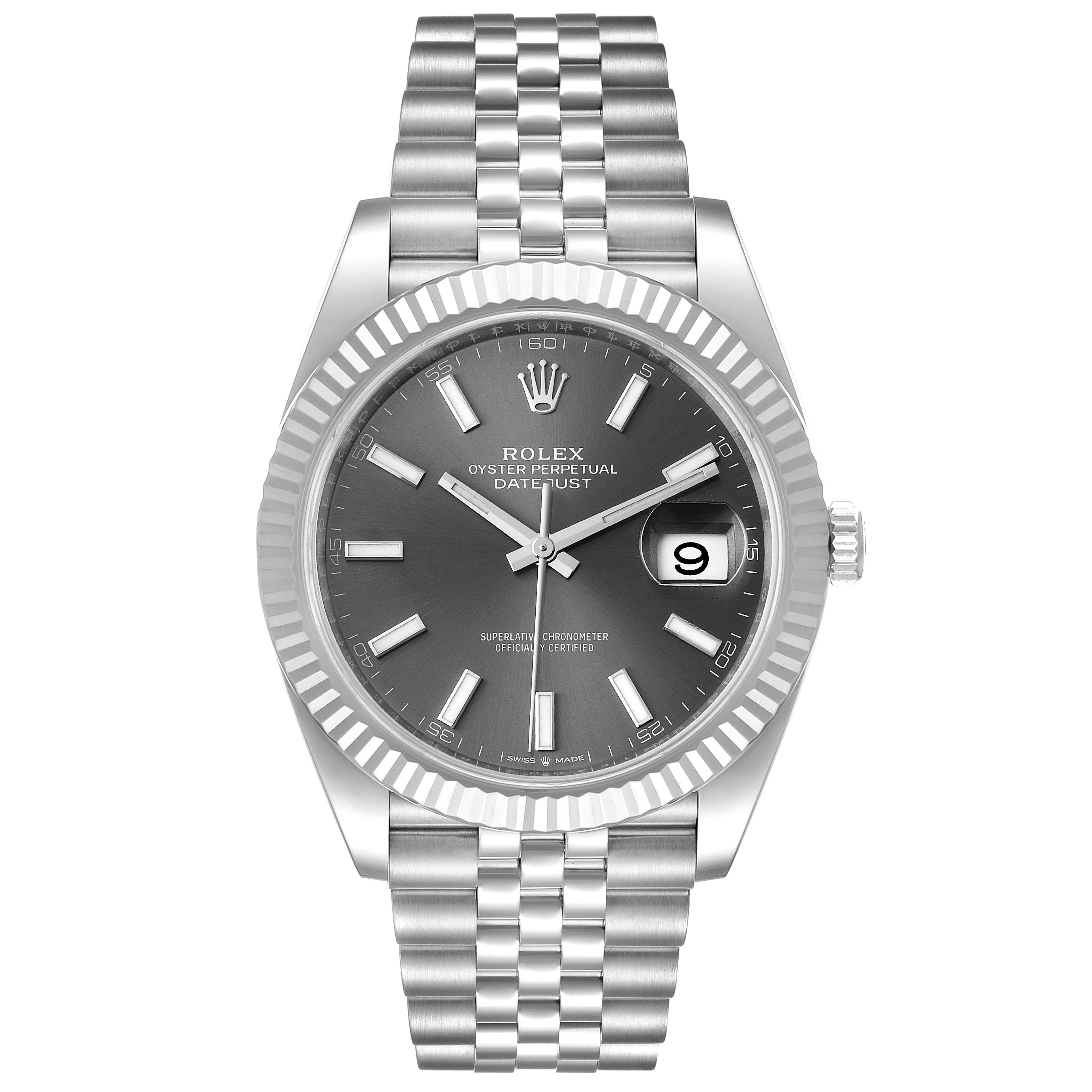 The image shows a frontal view of a Rolex Datejust 41 126334 Men's Stainless Steel Grey Dial 126334 Men's Stainless Steel Grey Dial watch, displaying the dial, bezel, and bracelet.