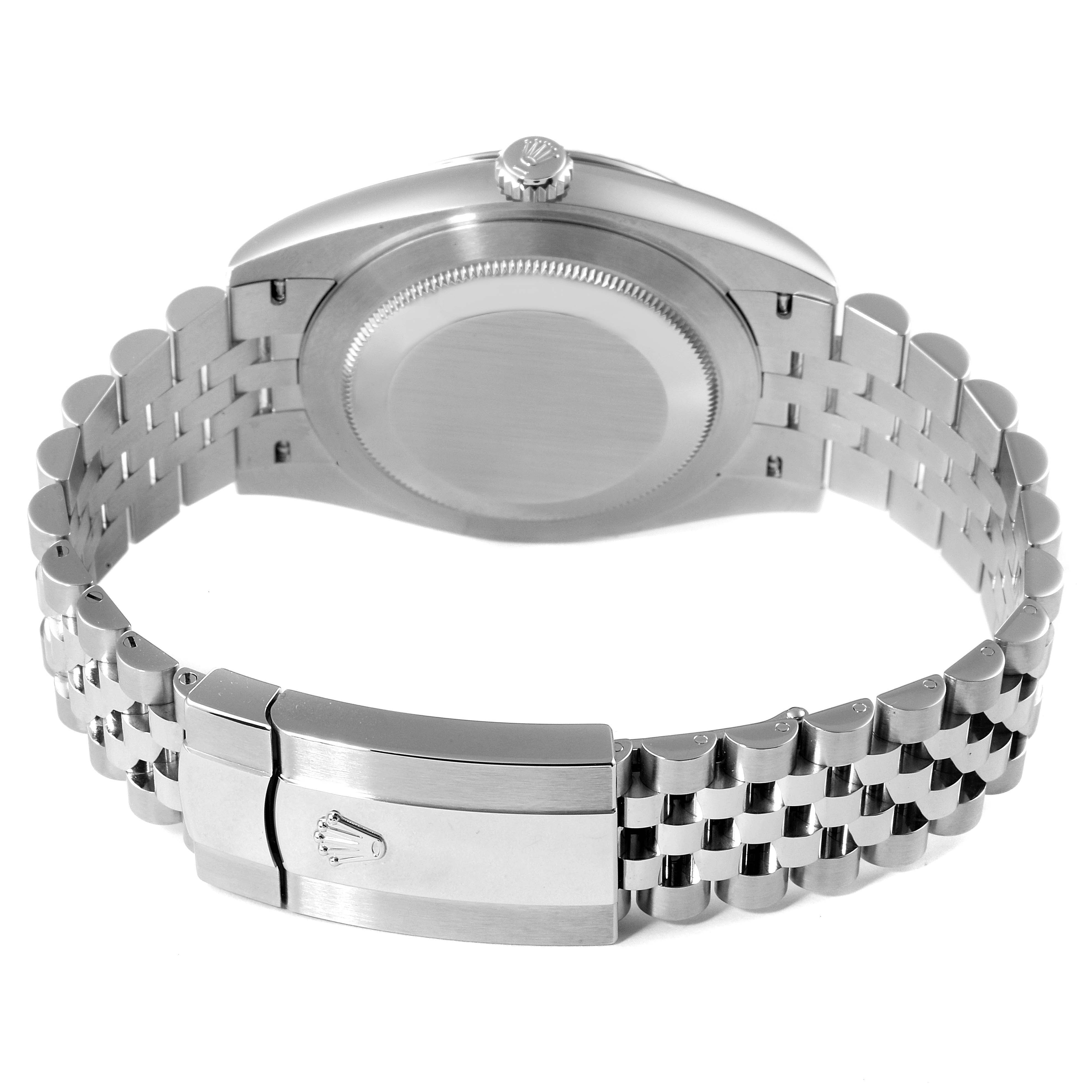 The image shows the back view of a Rolex Datejust 41 126334 Men's Stainless Steel Grey Dial 126334 Men's Stainless Steel Grey Dial, highlighting its case back, crown, and Jubilee bracelet.
