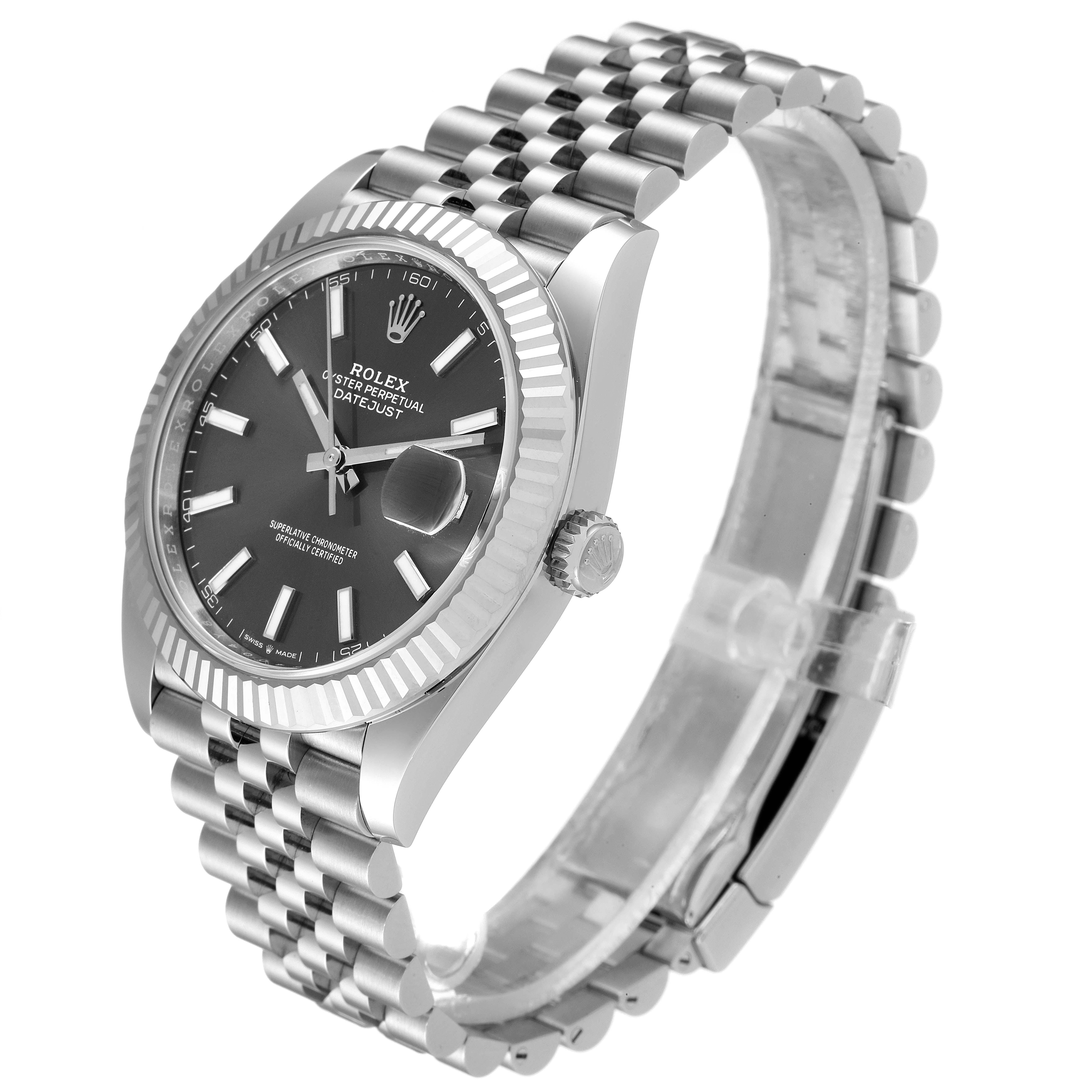 The Rolex Datejust 41 126334 Men's Stainless Steel Grey Dial 126334 Men's Stainless Steel Grey Dial watch is shown at a three-quarter angle highlighting the watch face, bracelet, and crown.