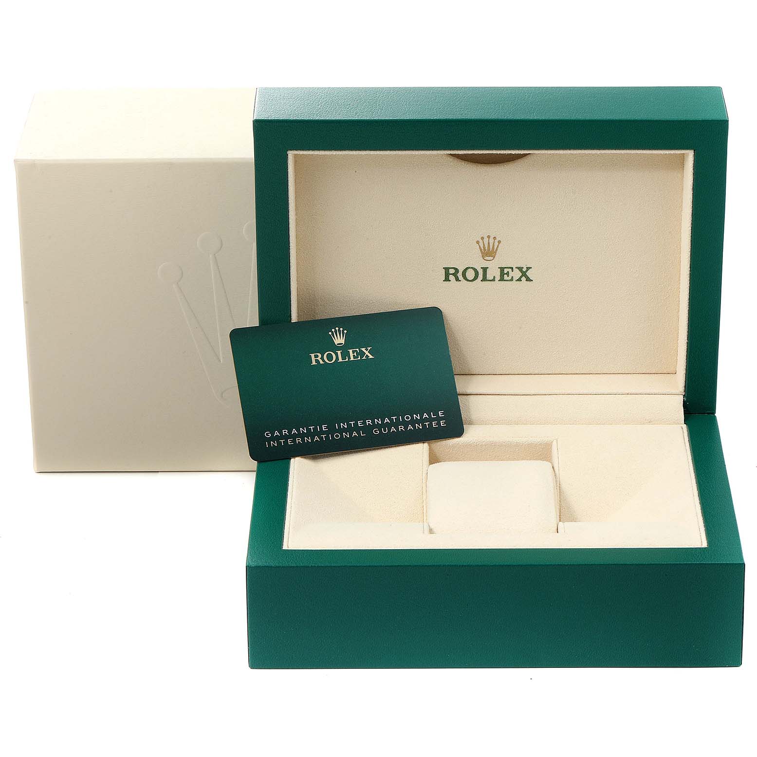 The image shows the packaging and international guarantee card for a Rolex Datejust 41 126334 Men's Stainless Steel Grey Dial 126334 Men's Stainless Steel Grey Dial model.