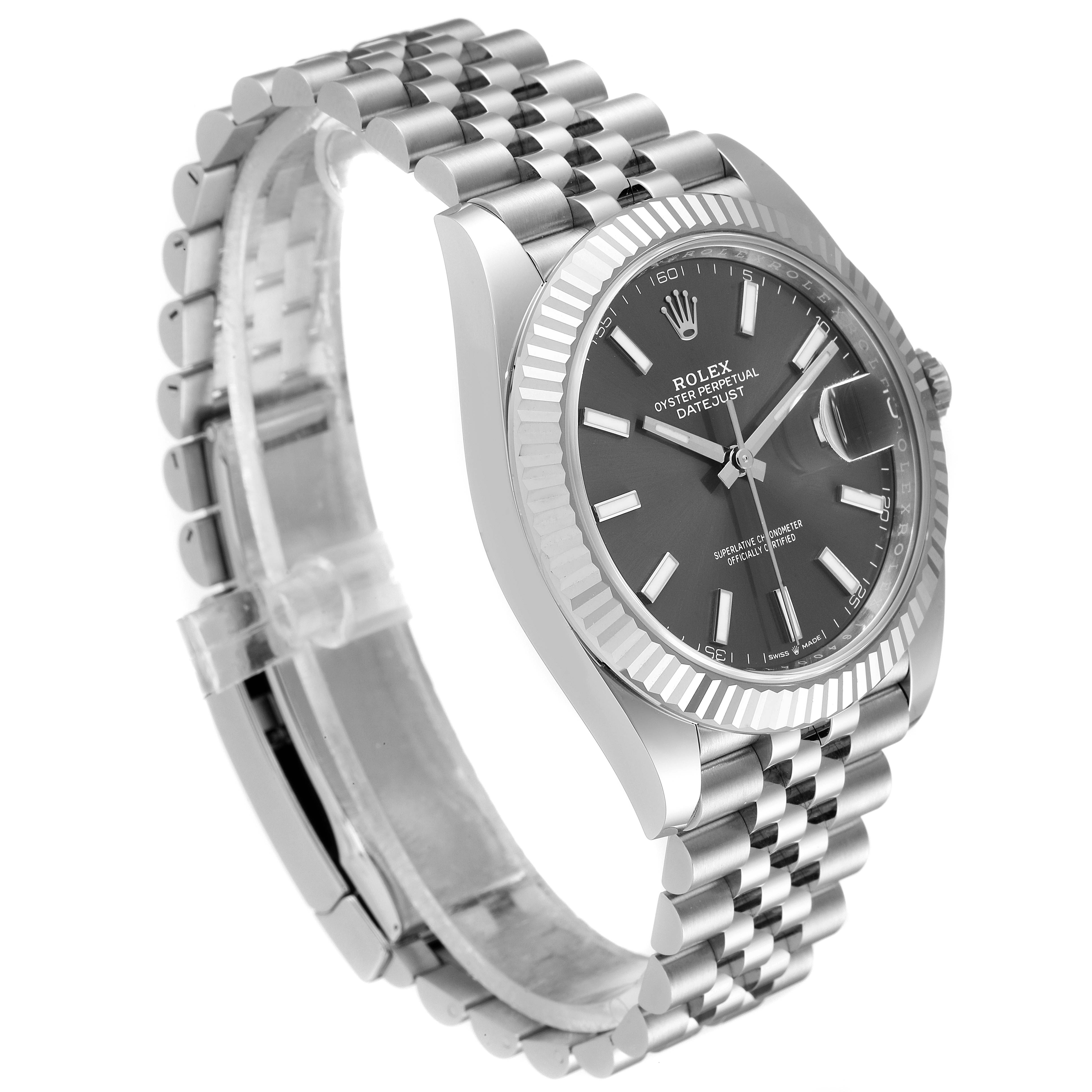 The image shows a side angle view of a Rolex Datejust 41 126334 Men's Stainless Steel Grey Dial 126334 Men's Stainless Steel Grey Dial watch, highlighting its face, bezel, and bracelet.