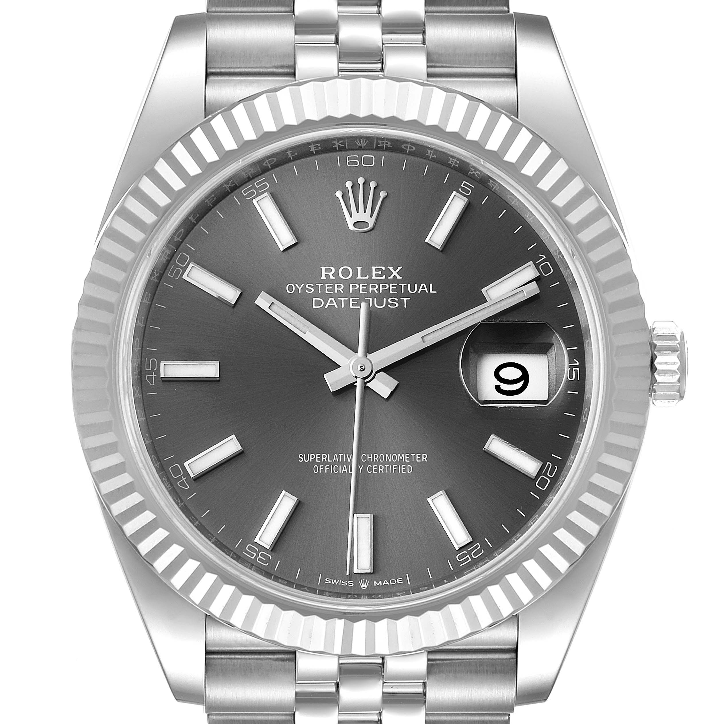 This image shows a frontal view of the Rolex Datejust 41 126334 Men's Stainless Steel Grey Dial 126334 Men's Stainless Steel Grey Dial, featuring a fluted bezel and a Jubilee bracelet.