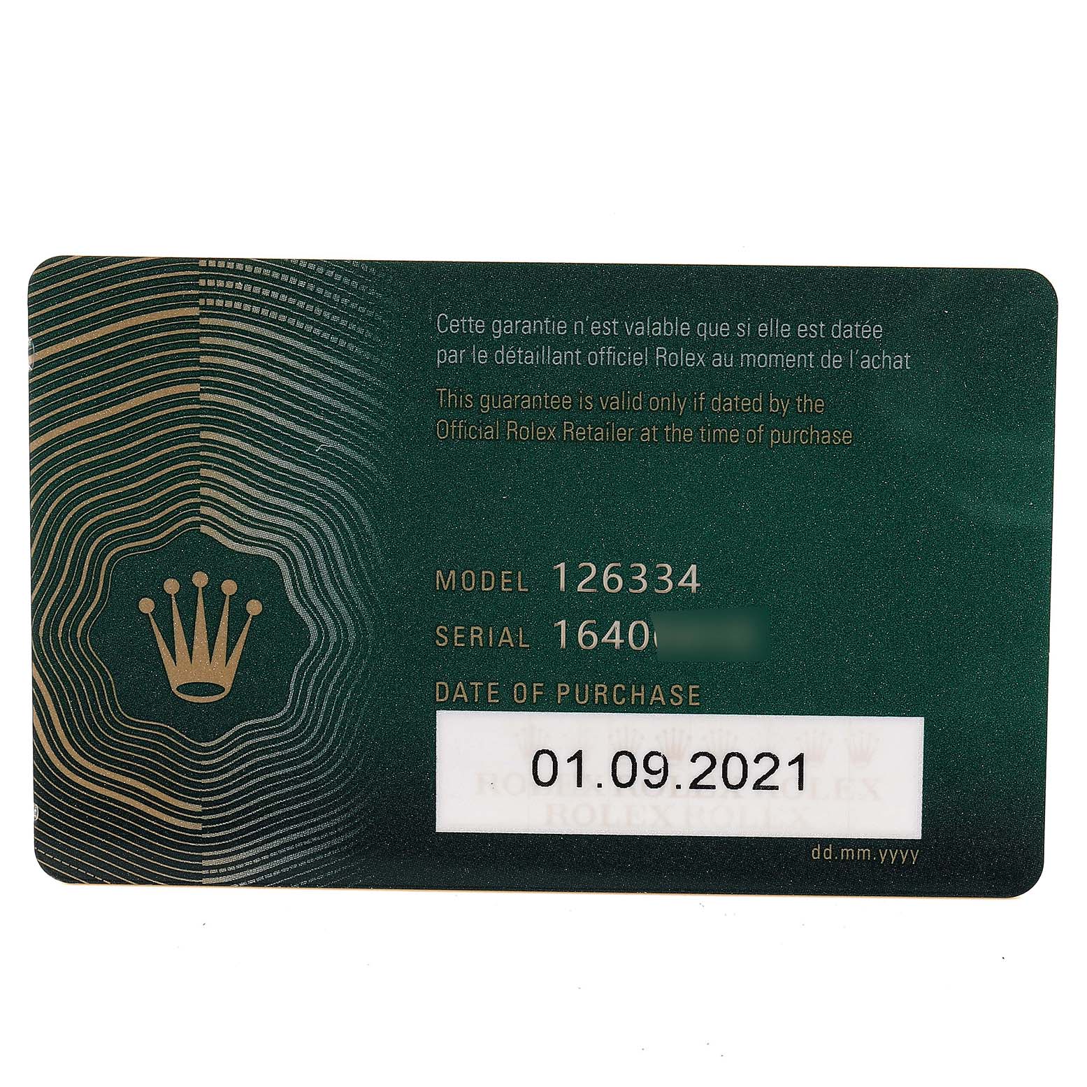 This image shows the official guarantee card for the Rolex Datejust 41 126334 Men's Stainless Steel Grey Dial 126334 Men's Stainless Steel Grey Dial model, depicting its serial number and purchase date.