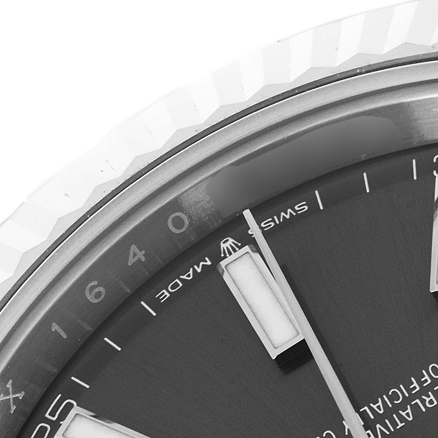 The image shows a close-up of the dial, markers, and fluted bezel of the Rolex Datejust 41 126334 Men's Stainless Steel Grey Dial 126334 Men's Stainless Steel Grey Dial watch.