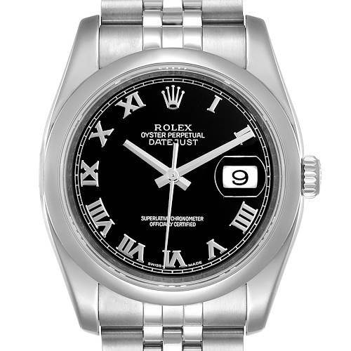 The image shows a front view of a Rolex Datejust watch, displaying its black dial, Roman numeral markers, and date window.