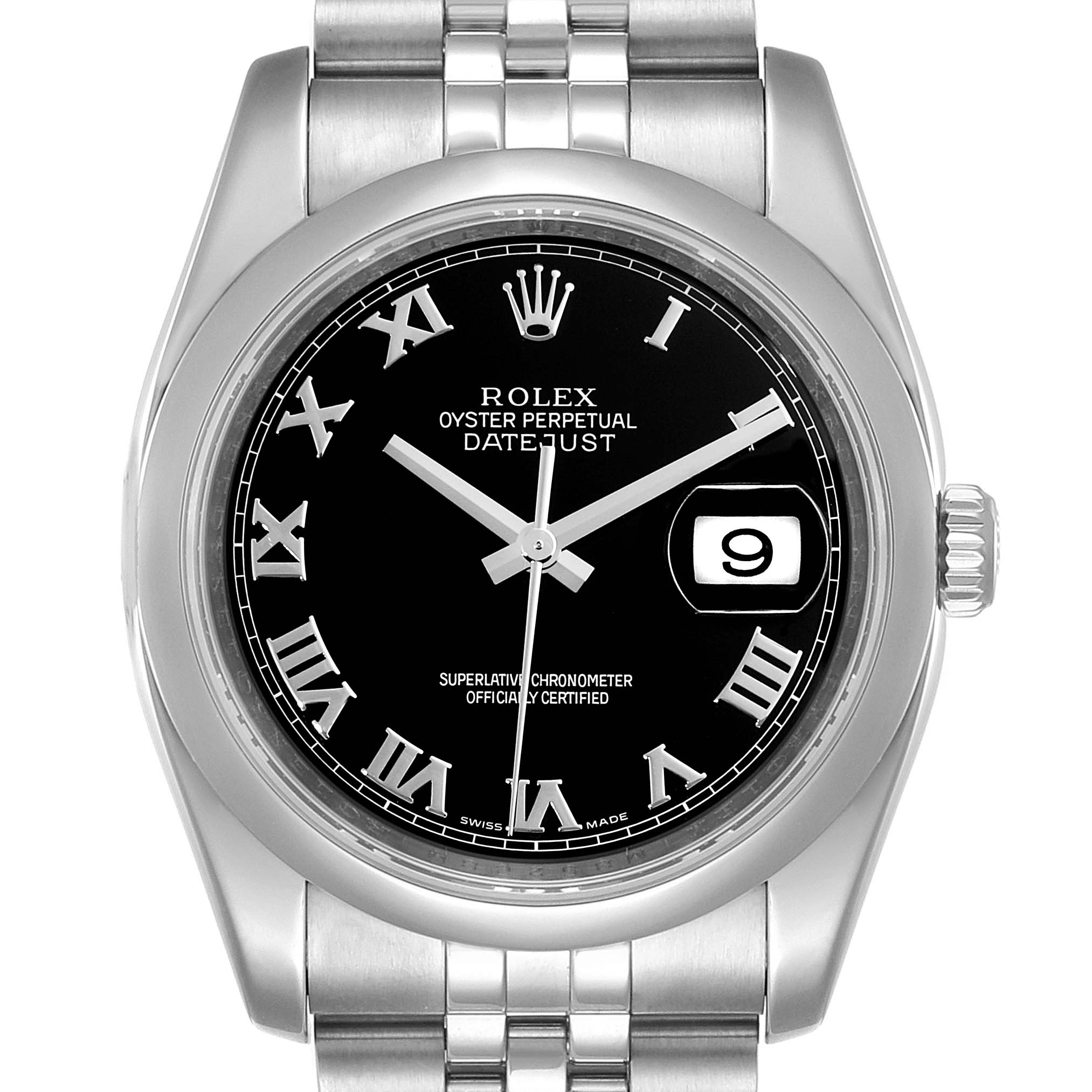 The image shows a front view of the Rolex Datejust 116200 Men's Stainless Steel Black Dial 116200 Men's Stainless Steel Black Dial watch, highlighting its black dial, Roman numeral markers, and date window.