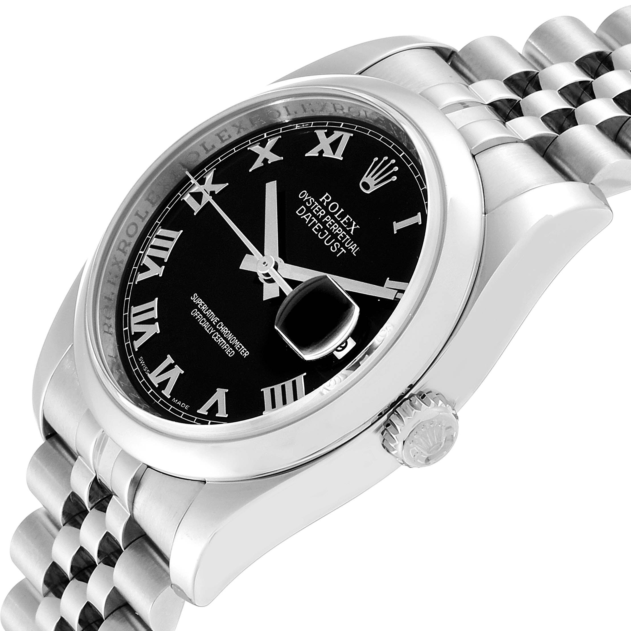 This image shows the face, bezel, crown, and a portion of the bracelet of a Rolex Datejust 116200 Men's Stainless Steel Black Dial 116200 Men's Stainless Steel Black Dial watch at a slight angle.