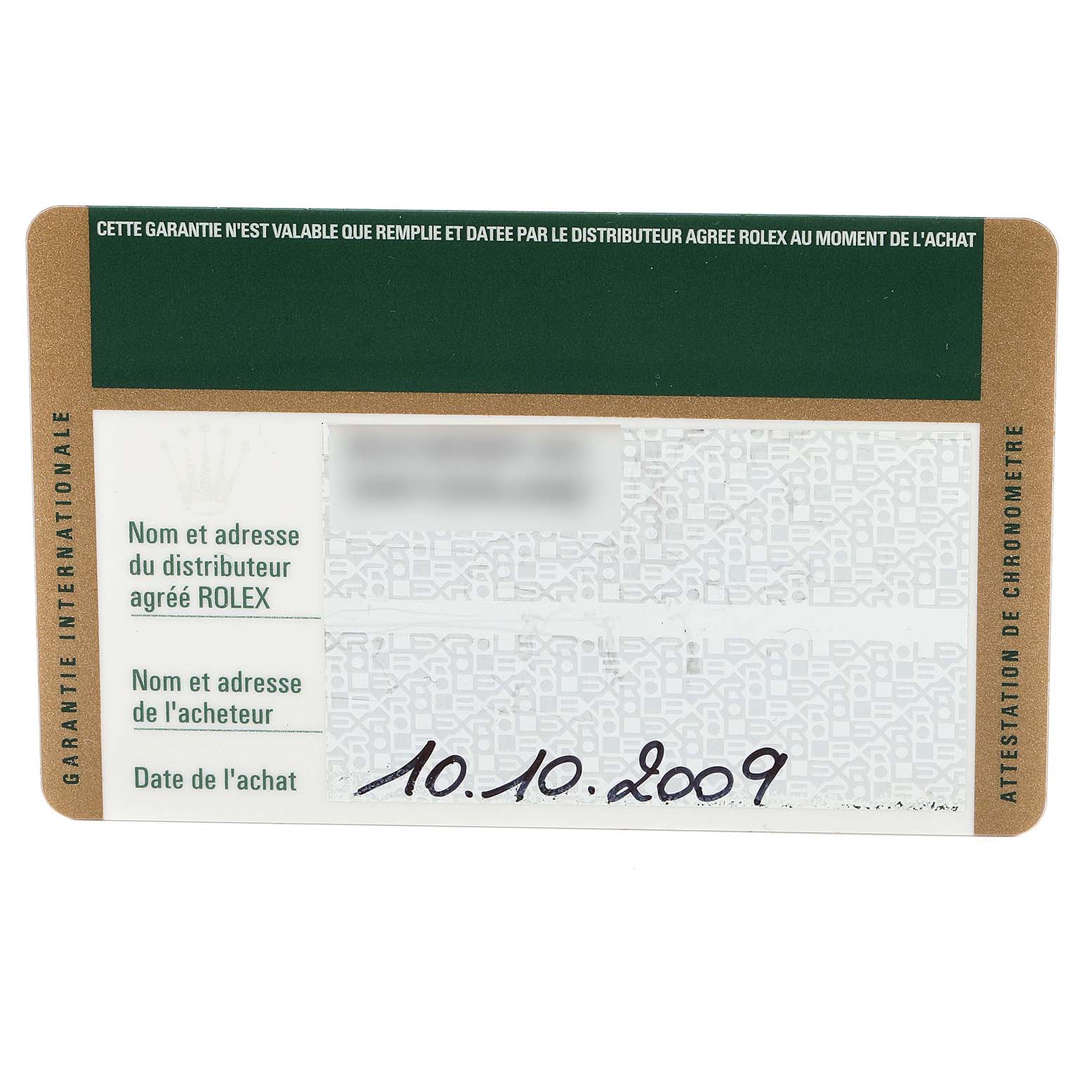 This image shows the warranty card for a Rolex Datejust 116200 Men's Stainless Steel Black Dial 116200 Men's Stainless Steel Black Dial watch, including purchase date and distributor information.