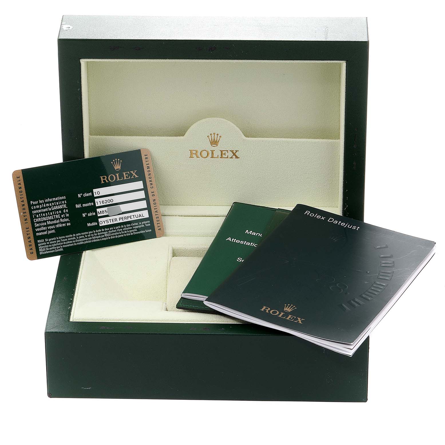 This image shows the open box, manuals, and warranty card for a Rolex Datejust 116200 Men's Stainless Steel Black Dial 116200 Men's Stainless Steel Black Dial watch.