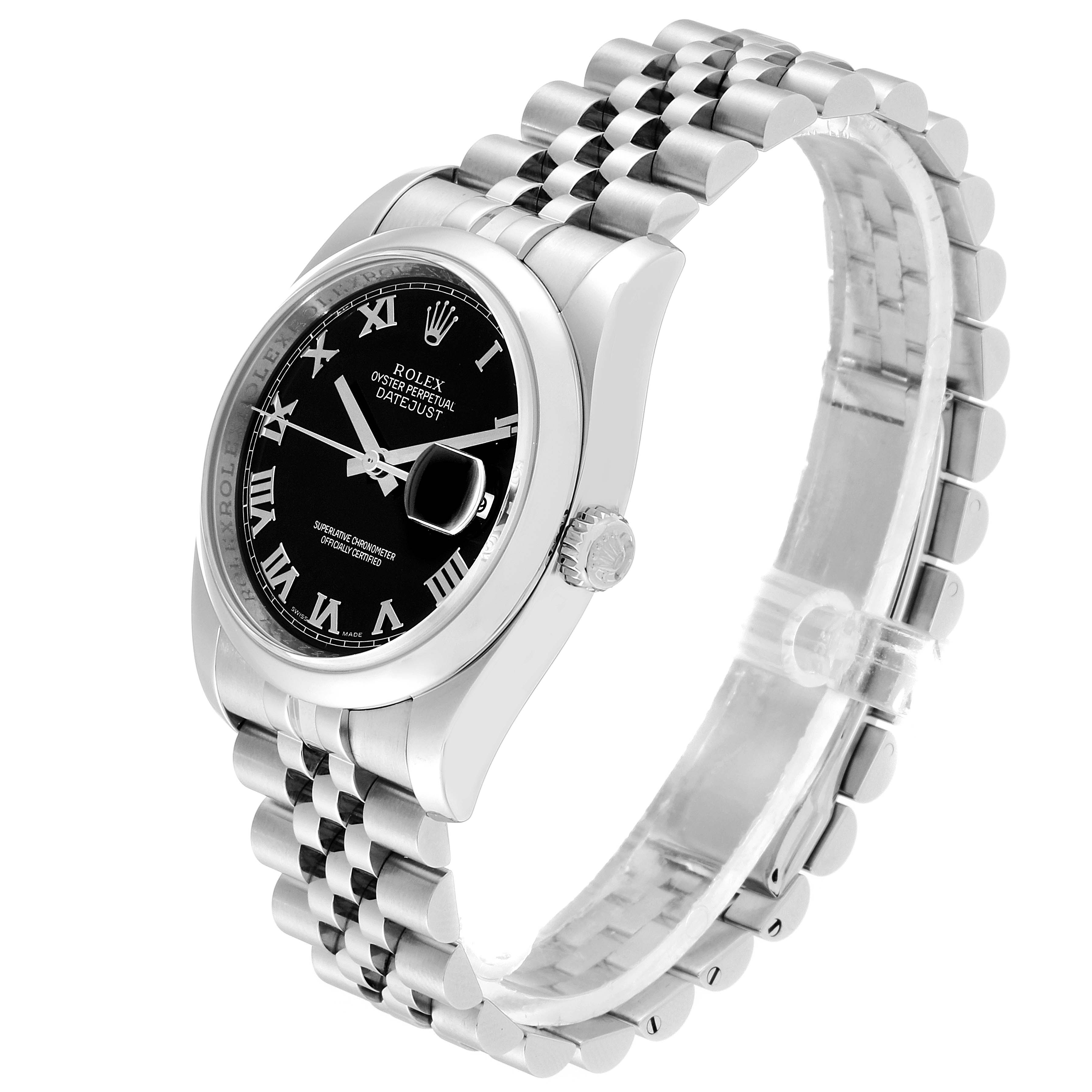 This image shows a Rolex Datejust 116200 Men's Stainless Steel Black Dial 116200 Men's Stainless Steel Black Dial model watch at a slight side angle, displaying the face, bezel, crown, and Jubilee bracelet.