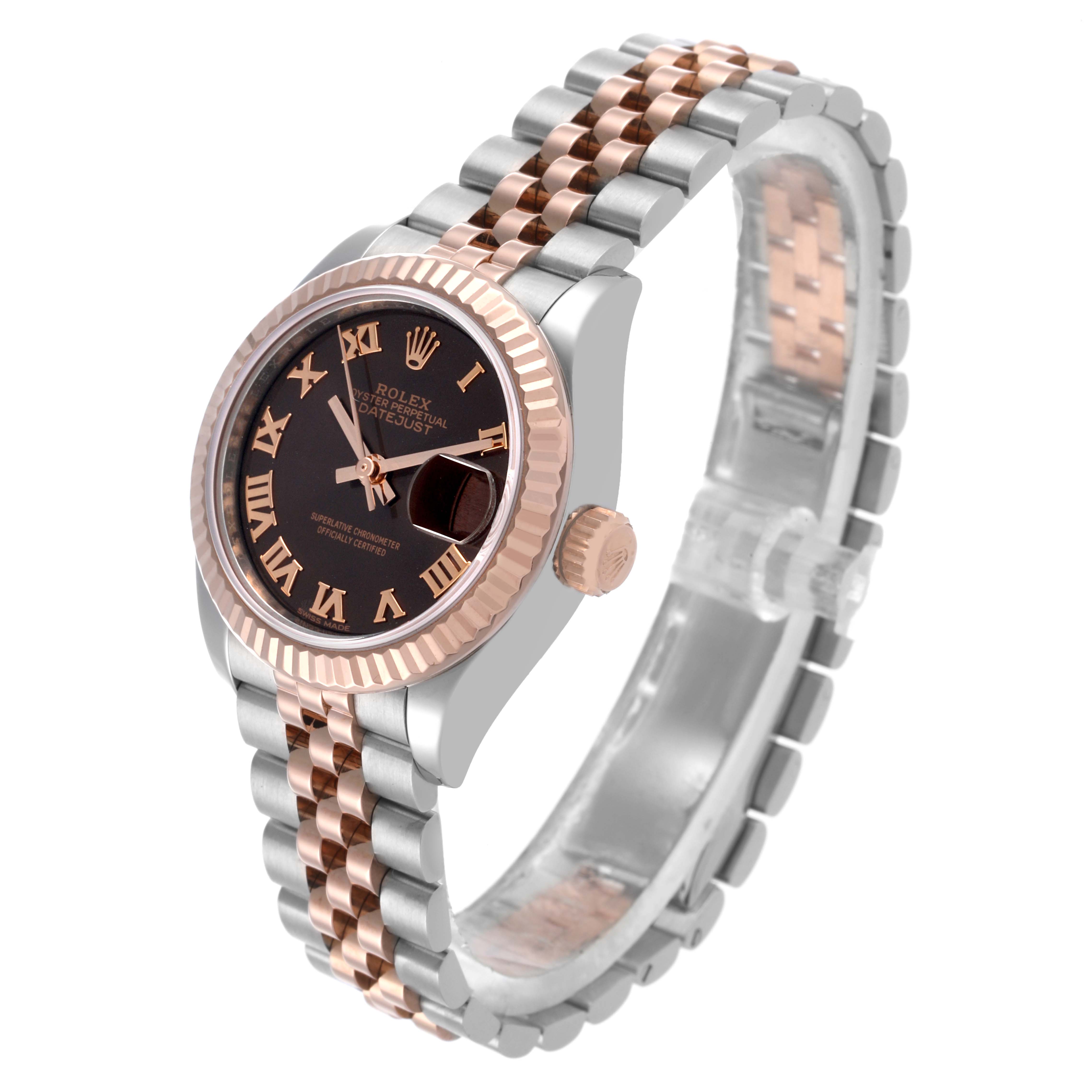 The Rolex Datejust 279171 Women's Steel and Gold (two tone) Brown Dial 279171 Women's Steel and Gold (two tone) Brown Dial watch is shown at an angle highlighting the face, side, and Jubilee bracelet.