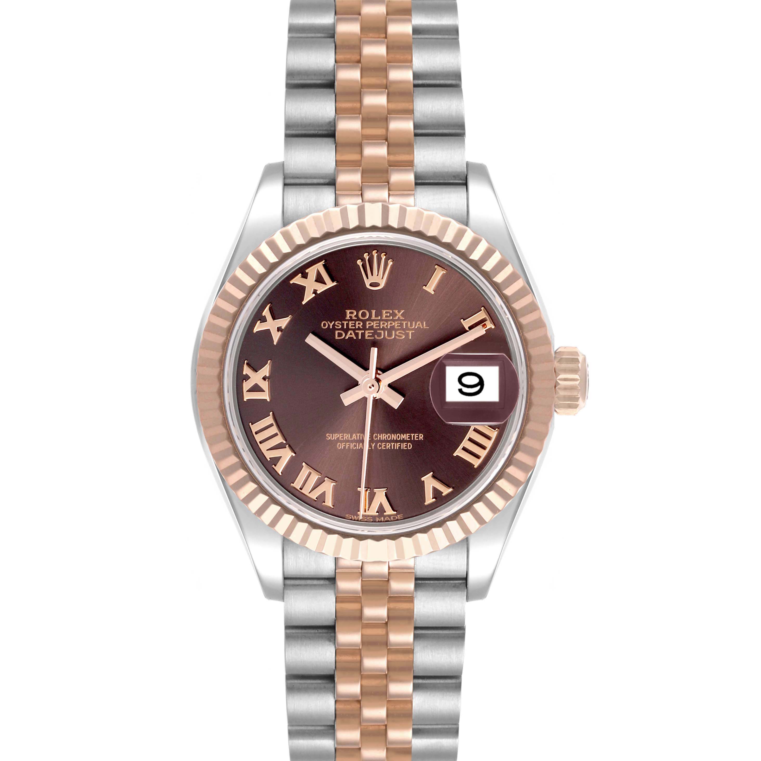 The Rolex Datejust 279171 Women's Steel and Gold (two tone) Brown Dial 279171 Women's Steel and Gold (two tone) Brown Dial watch is shown from the front, highlighting its dial, bezel, and jubilee bracelet.