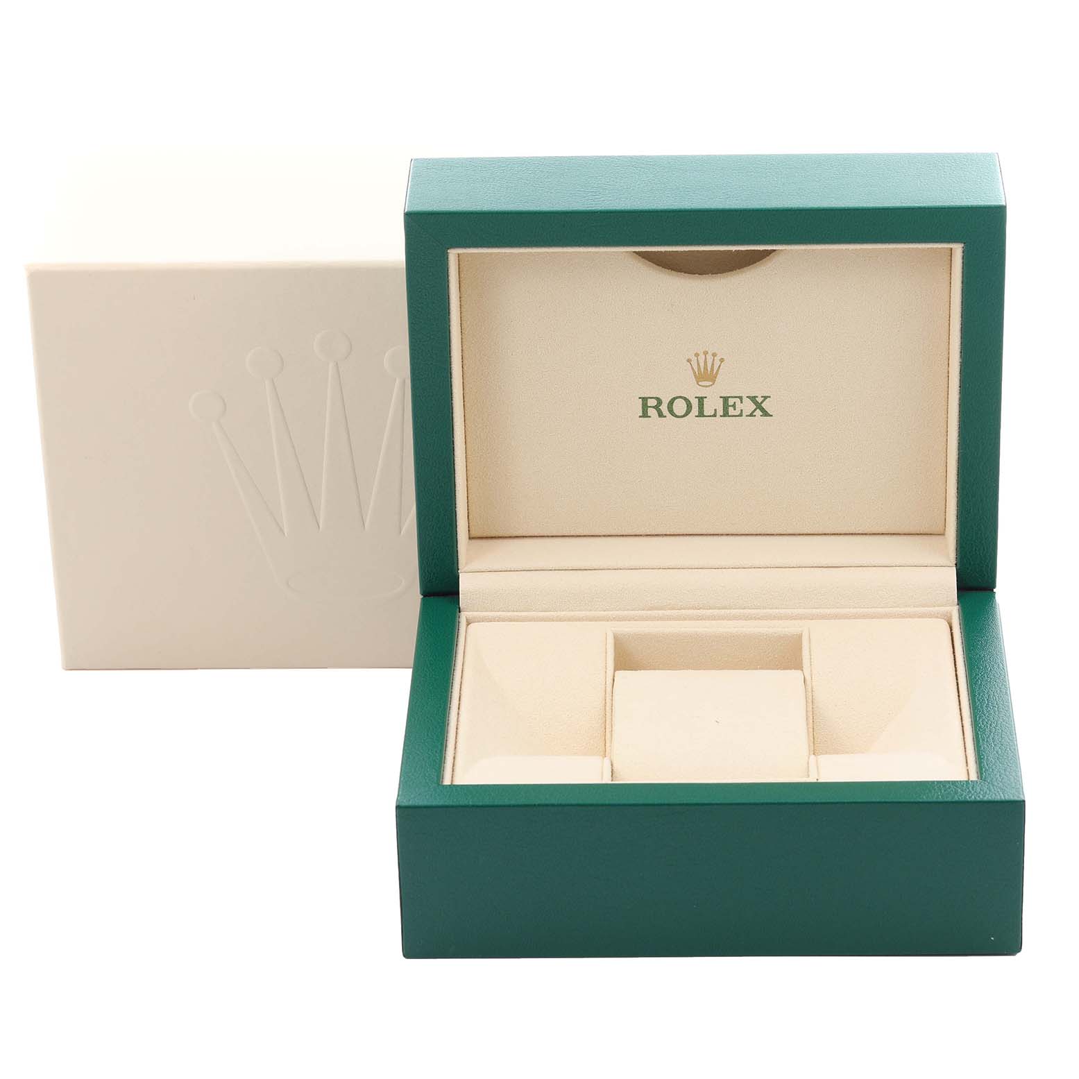 The image shows an open Rolex Datejust 279171 Women's Steel and Gold (two tone) Brown Dial 279171 Women's Steel and Gold (two tone) Brown Dial watch box from a front angle, revealing a cushioned interior.