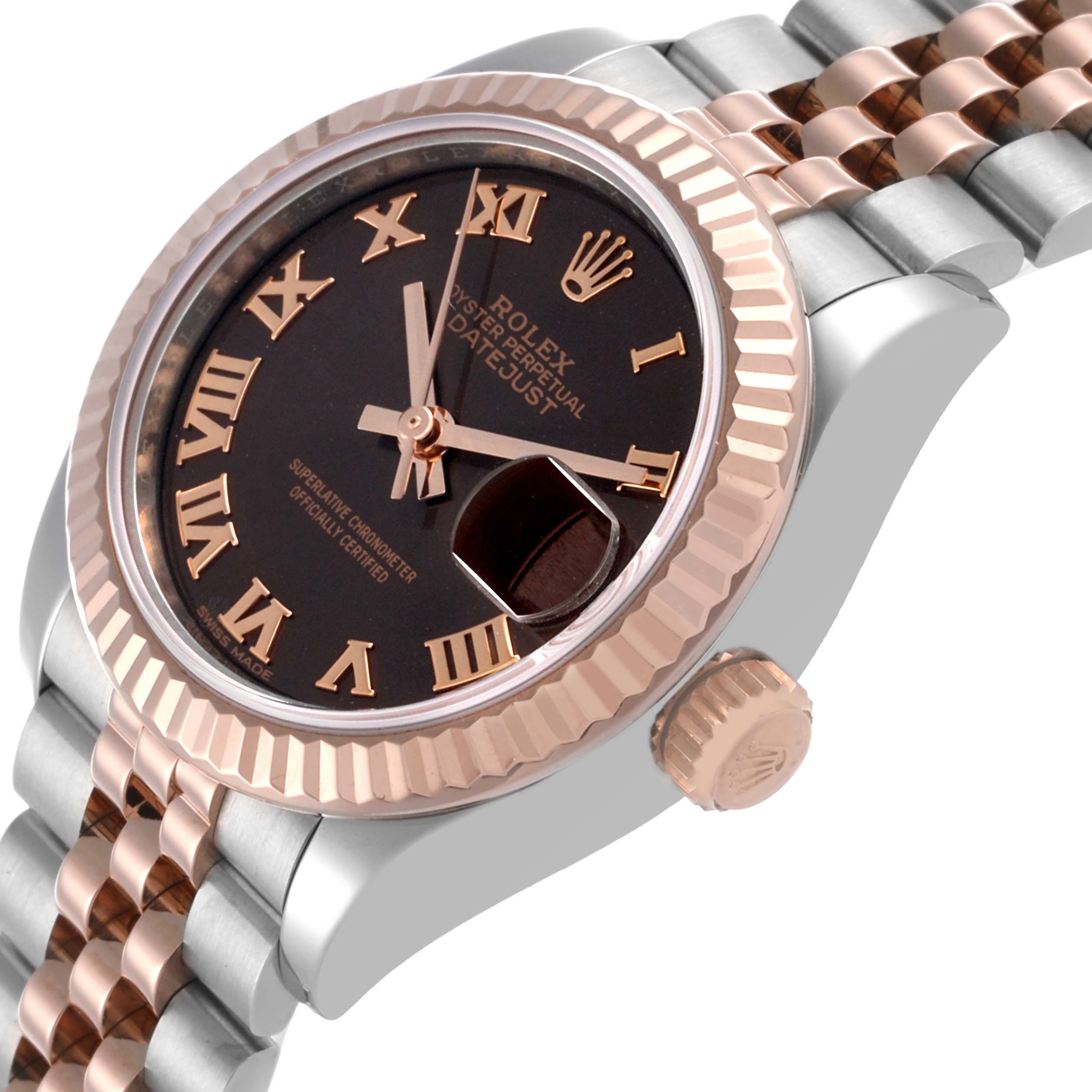 The Rolex Datejust 279171 Women's Steel and Gold (two tone) Brown Dial 279171 Women's Steel and Gold (two tone) Brown Dial is shown from a side angle, highlighting the bezel, crown, and part of the bracelet.