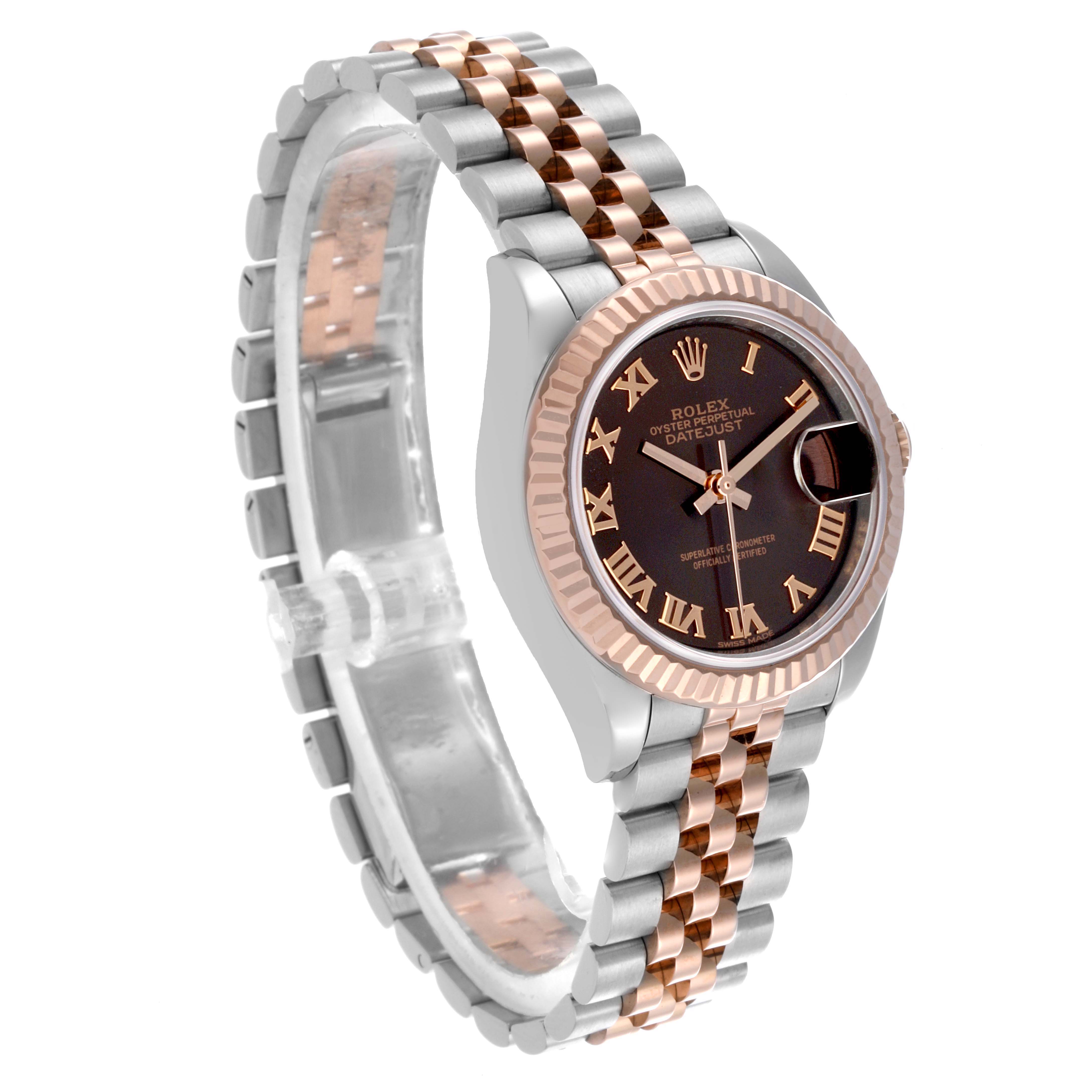 The Rolex Datejust 279171 Women's Steel and Gold (two tone) Brown Dial 279171 Women's Steel and Gold (two tone) Brown Dial watch is shown at a three-quarter angle, highlighting the bezel, dial, and two-tone bracelet.