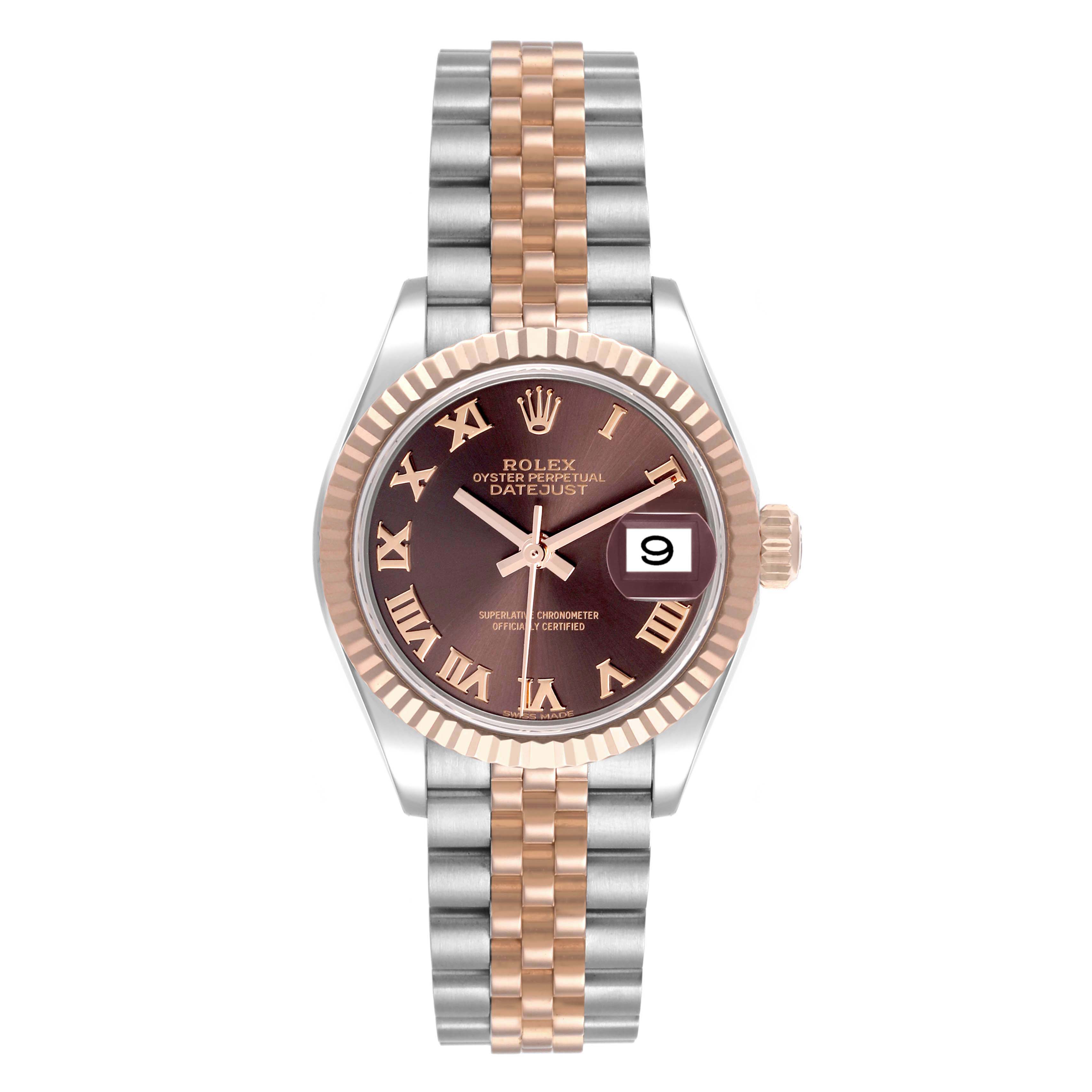 The Rolex Datejust 279171 Women's Steel and Gold (two tone) Brown Dial 279171 Women's Steel and Gold (two tone) Brown Dial watch is shown from a top view, highlighting the dial, bezel, and bracelet.
