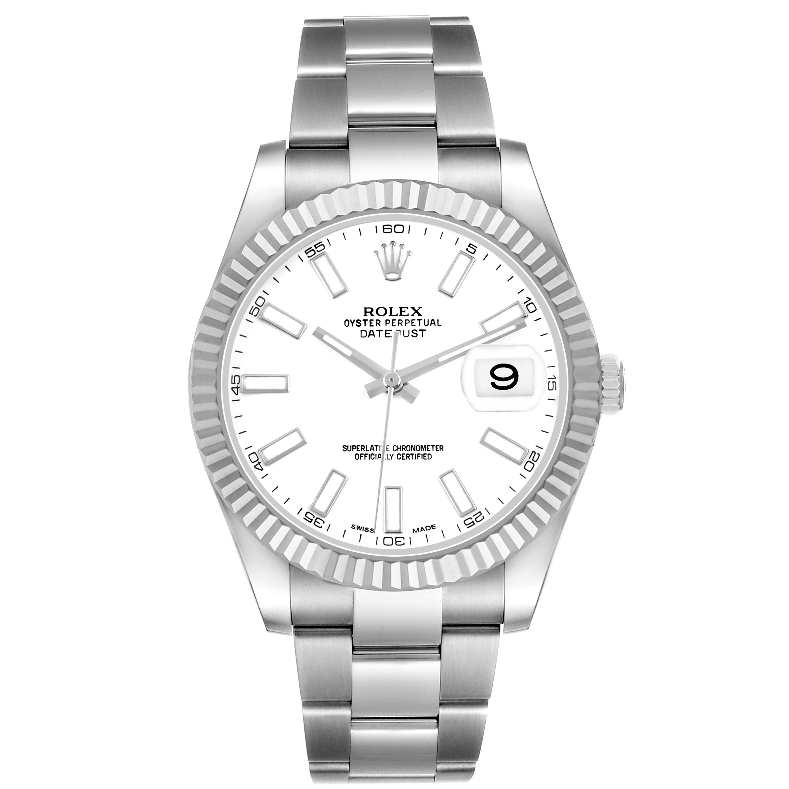 The Rolex Datejust 41 116334 Men's Stainless Steel White Dial is shown from the front, displaying the dial, bezel, crown, and bracelet.