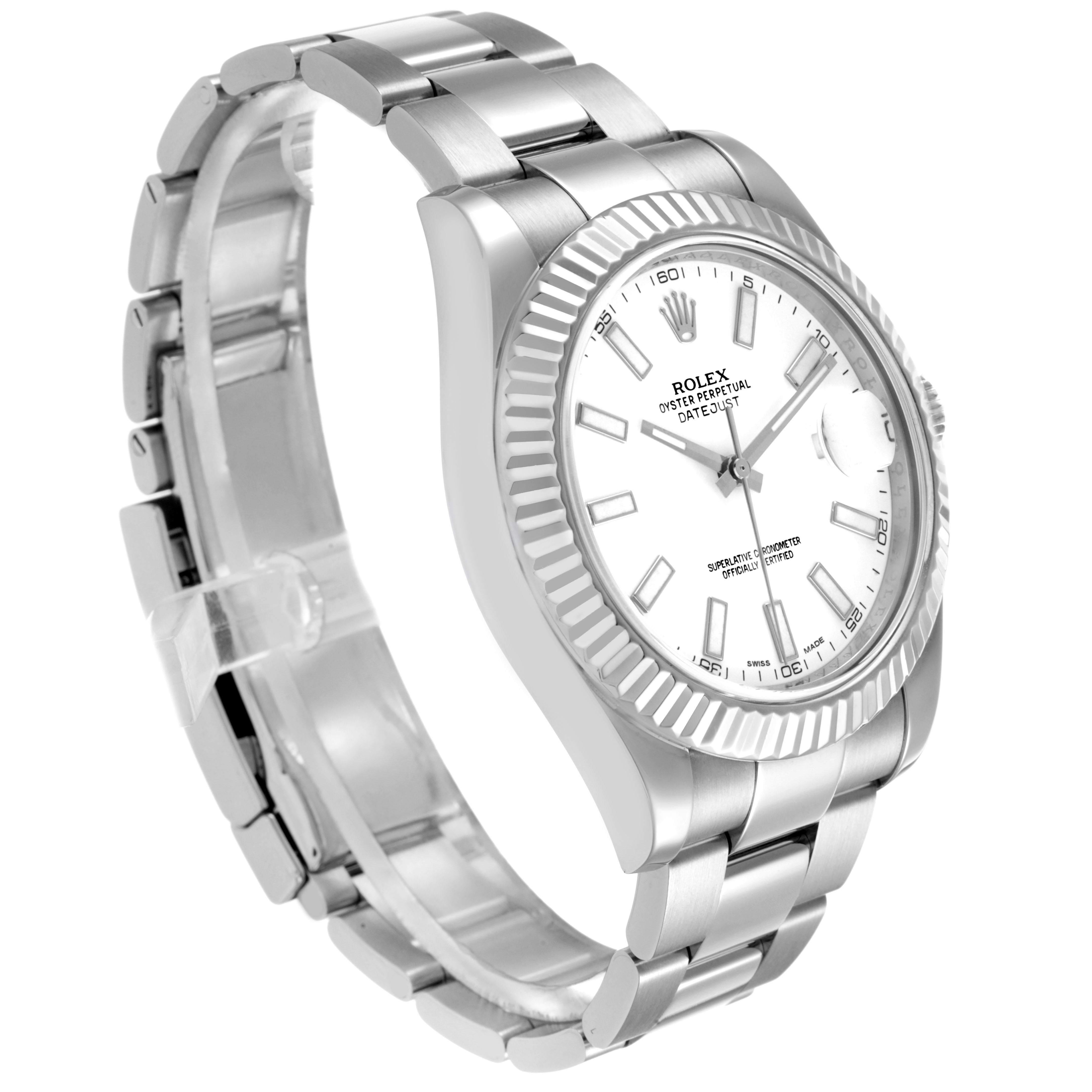 The Rolex Datejust 41 116334 Men's Stainless Steel White Dial is shown at a three-quarter angle, highlighting the face, bezel, and bracelet.