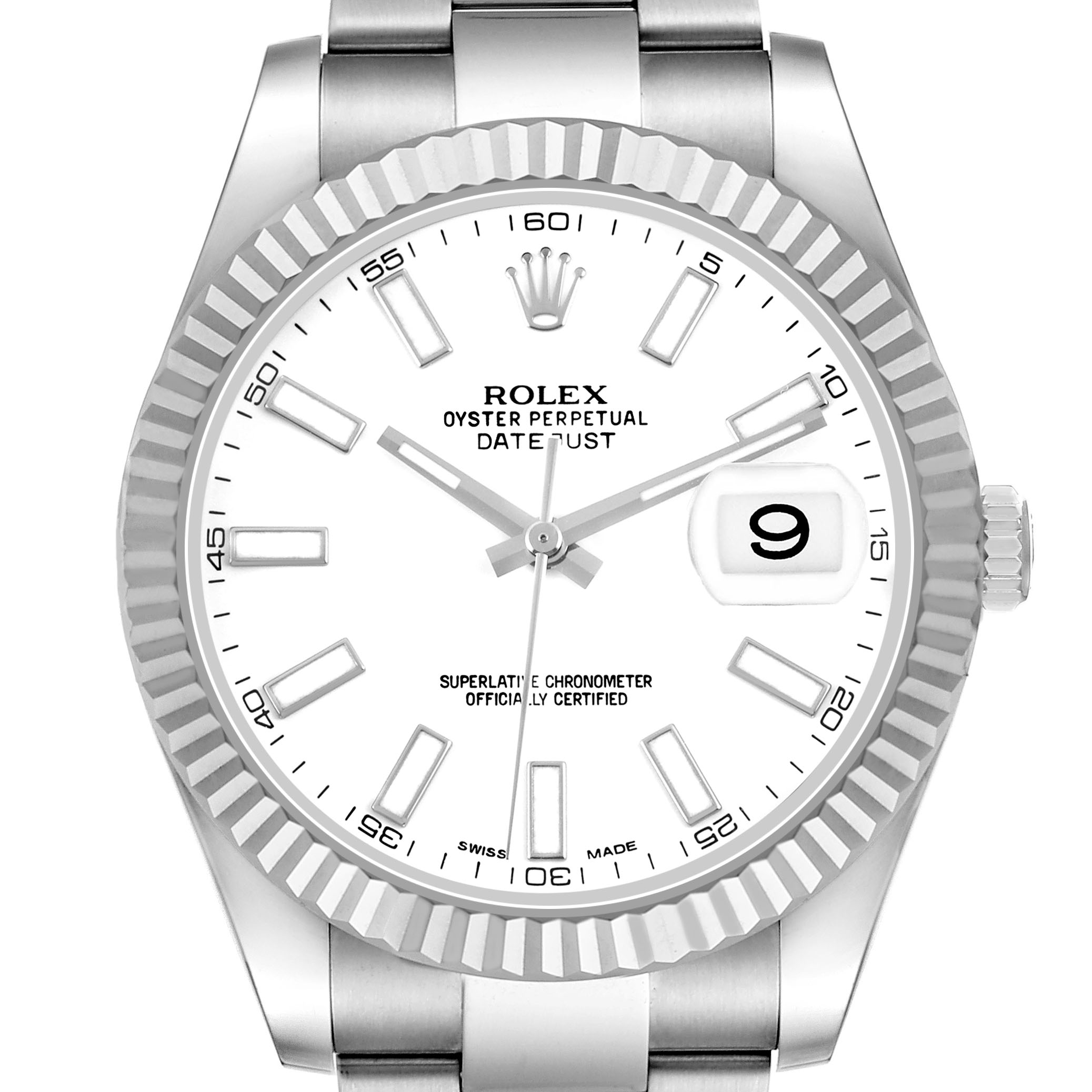 The Rolex Datejust 41 116334 Men's Stainless Steel White Dial is shown from the front, highlighting the dial, fluted bezel, and part of the bracelet.