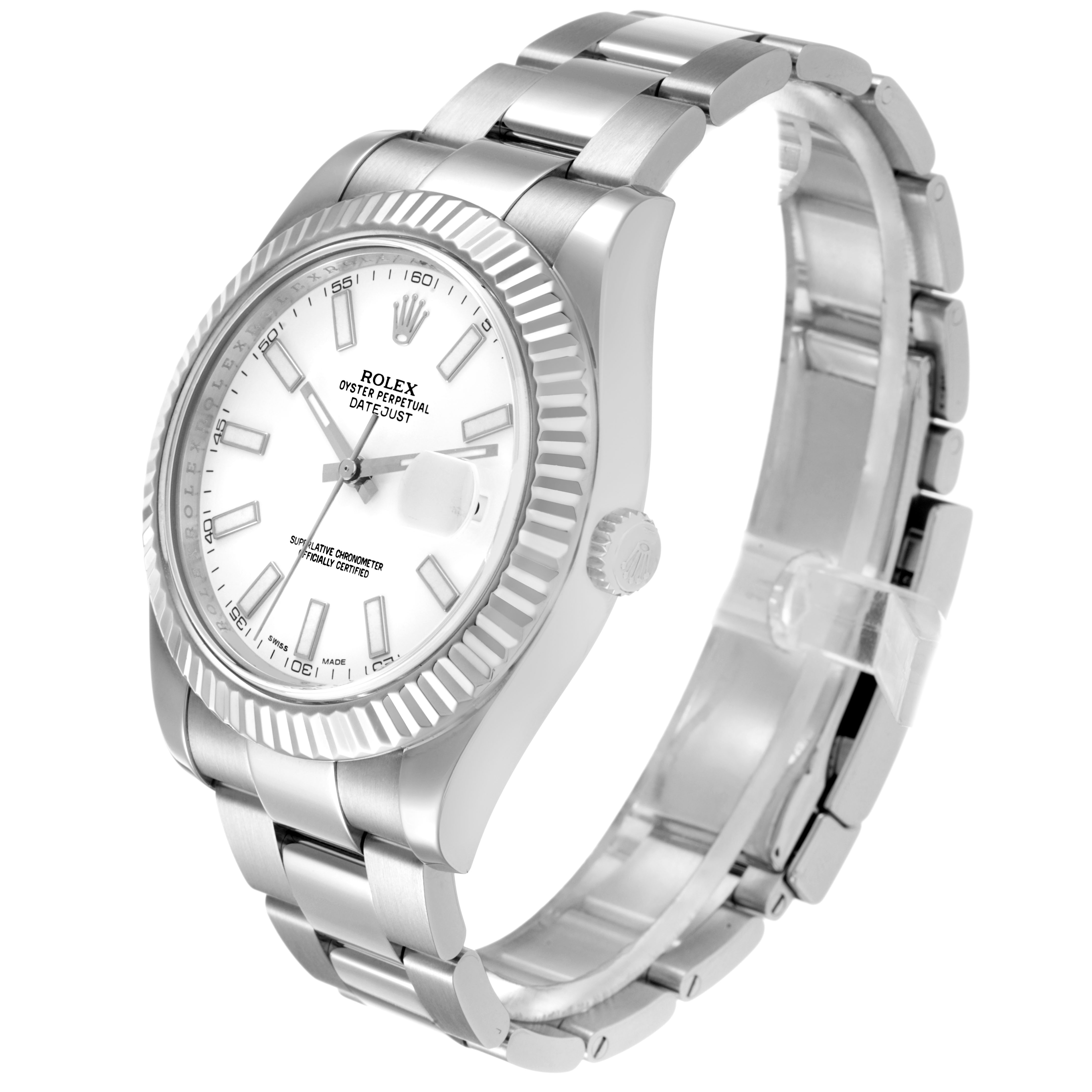 The image shows a Rolex Datejust 41 116334 Men's Stainless Steel White Dial watch at an angled side view, highlighting the dial, bezel, and bracelet.