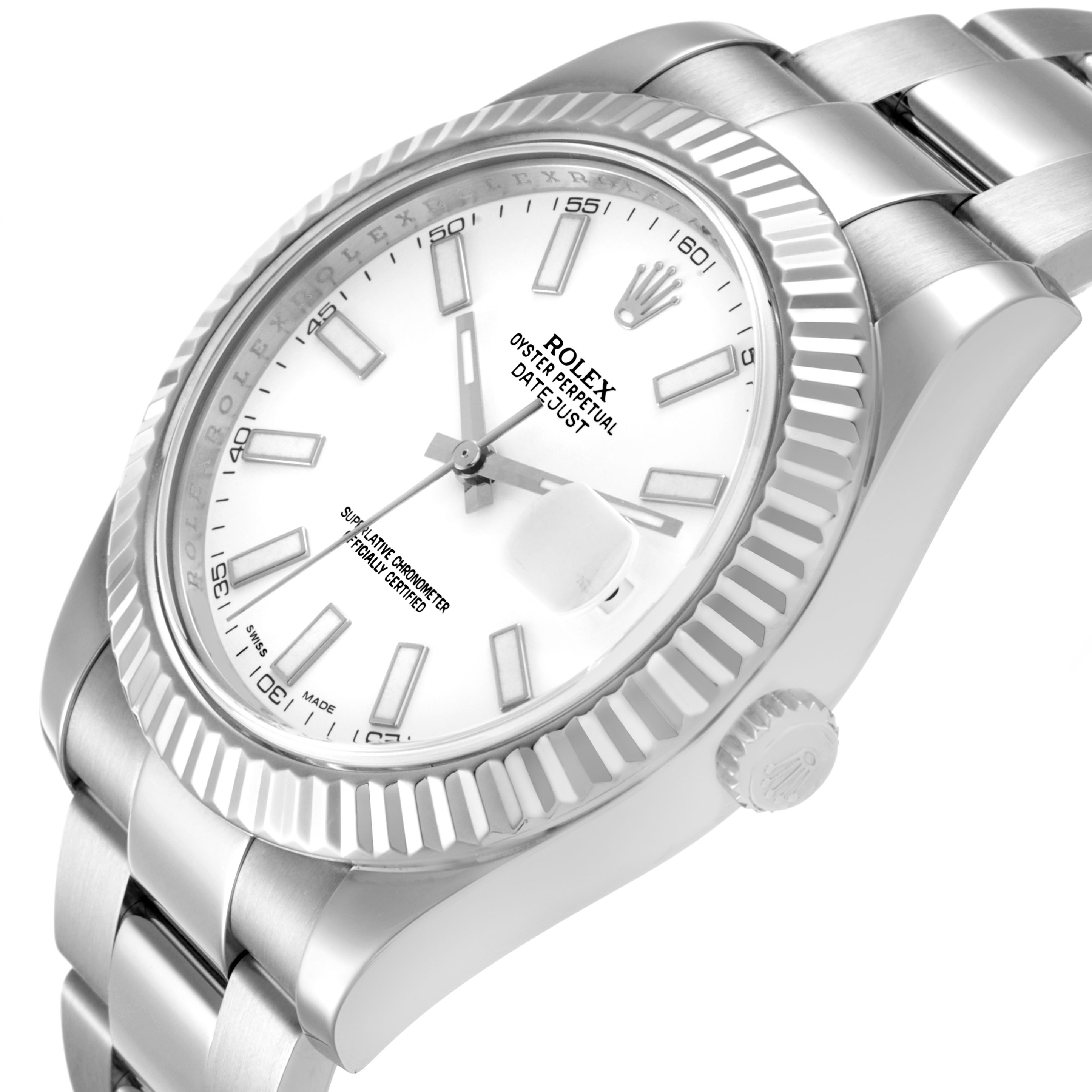 The Rolex Datejust 41 116334 Men's Stainless Steel White Dial is shown at an angled close-up, displaying the face, fluted bezel, bracelet, and crown.