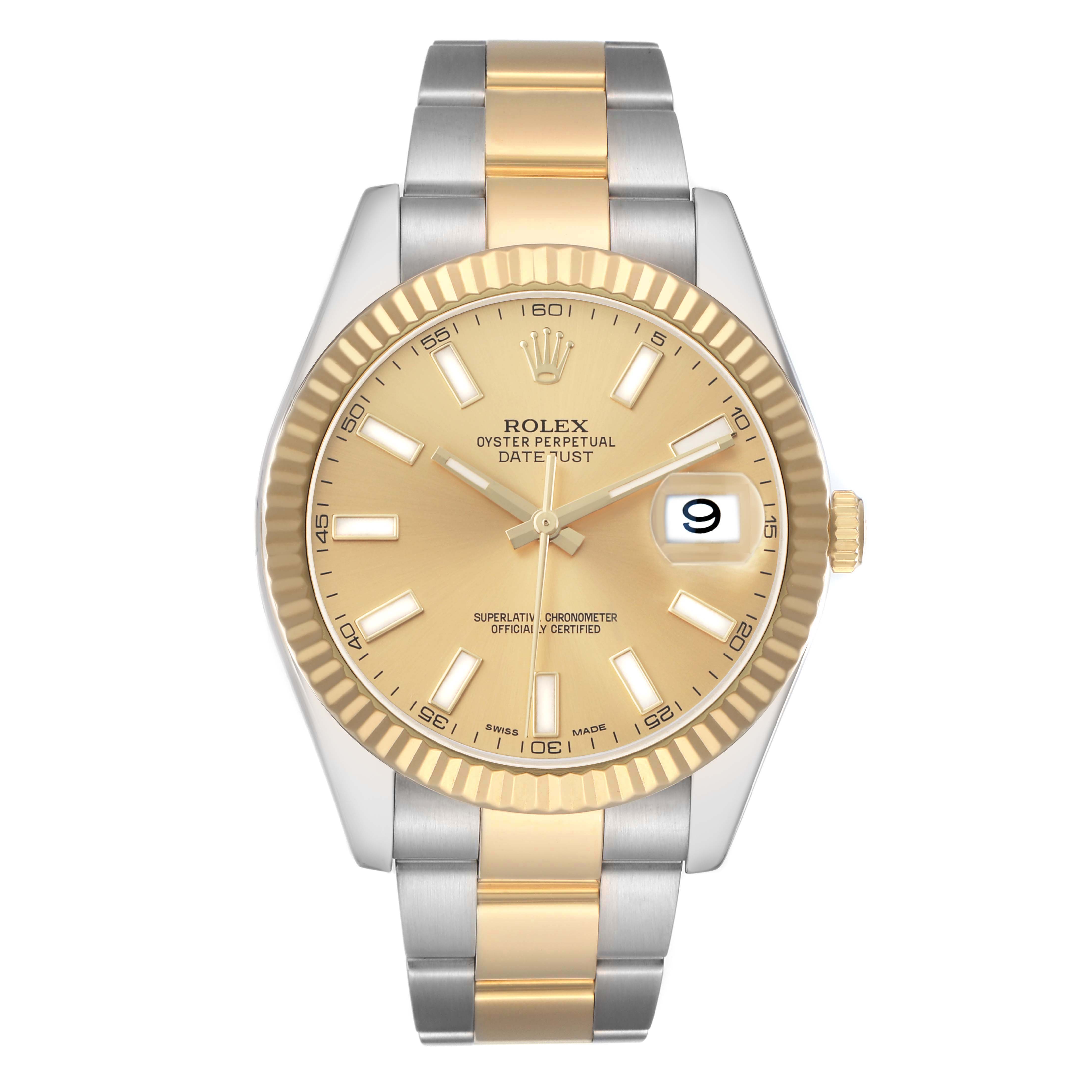 The Rolex Datejust 41 116333 Men
s Steel and Gold (two tone) Champagne Dial is shown from a front angle, displaying its gold and silver bracelet, fluted bezel, and date window.