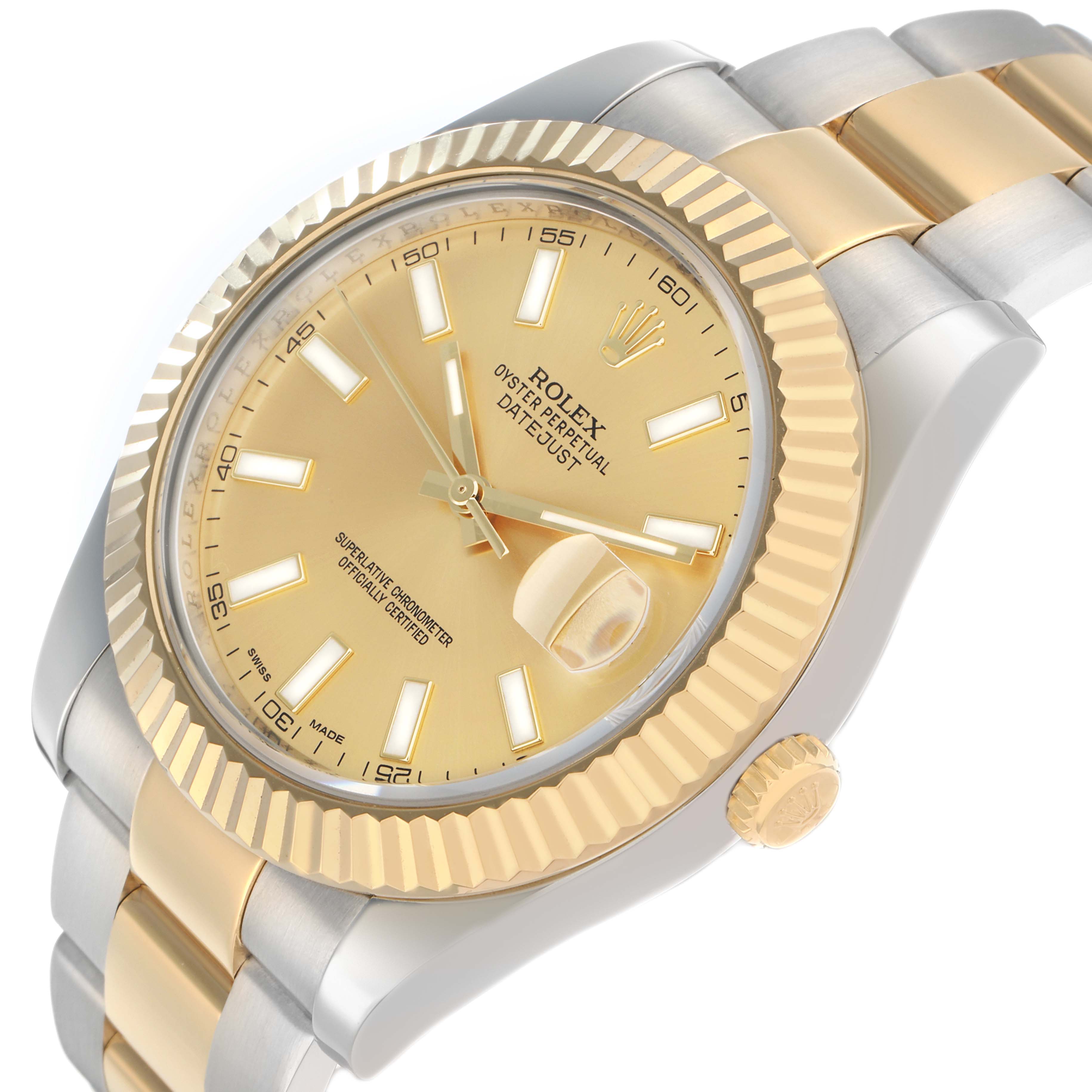 The Rolex Datejust 41 116333 Men
s Steel and Gold (two tone) Champagne Dial watch is shown at a slight angle, highlighting the dial, bezel, and a portion of the bracelet.