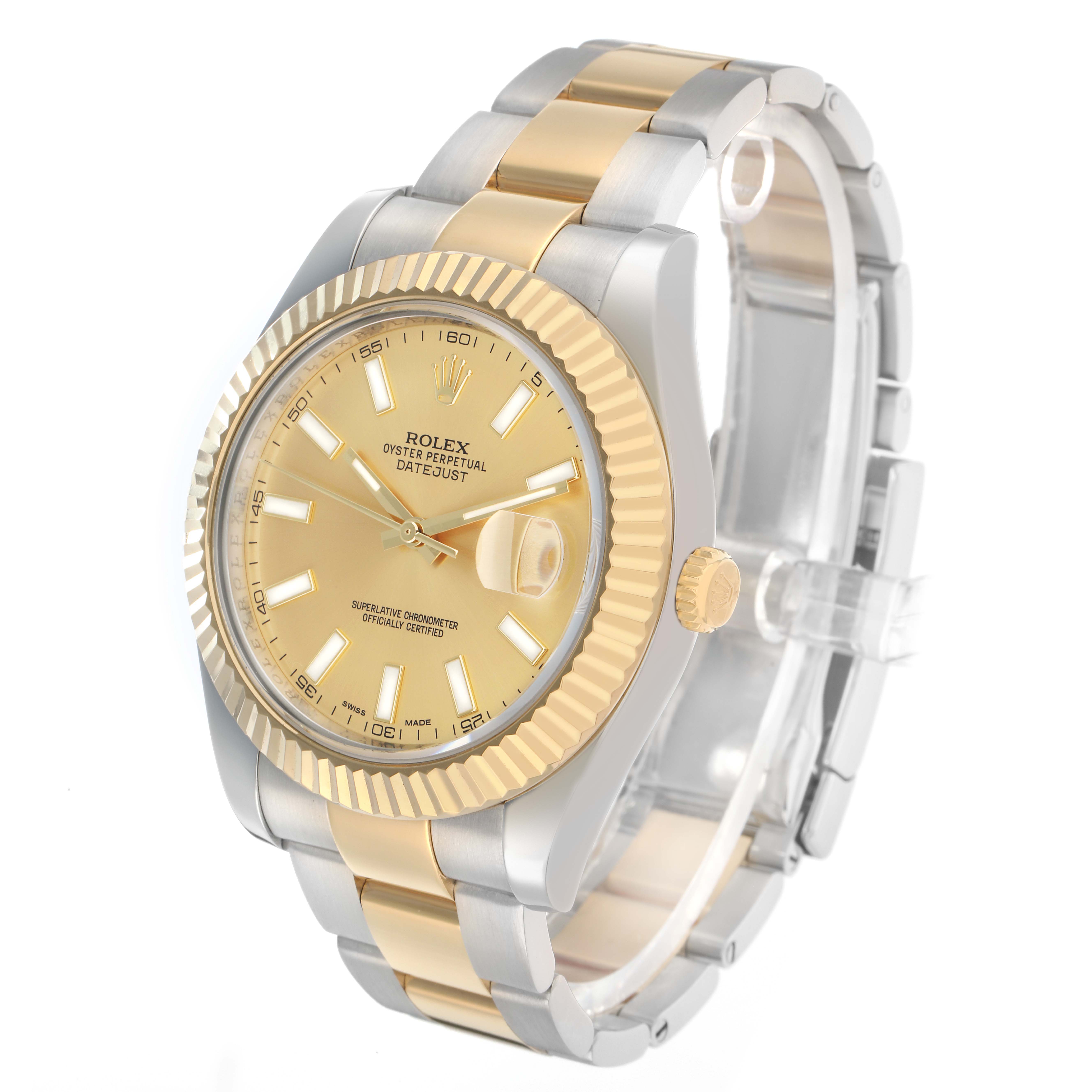 The Rolex Datejust 41 116333 Men
s Steel and Gold (two tone) Champagne Dial is shown in a three-quarter angle, highlighting the gold dial, fluted bezel, and two-tone bracelet.