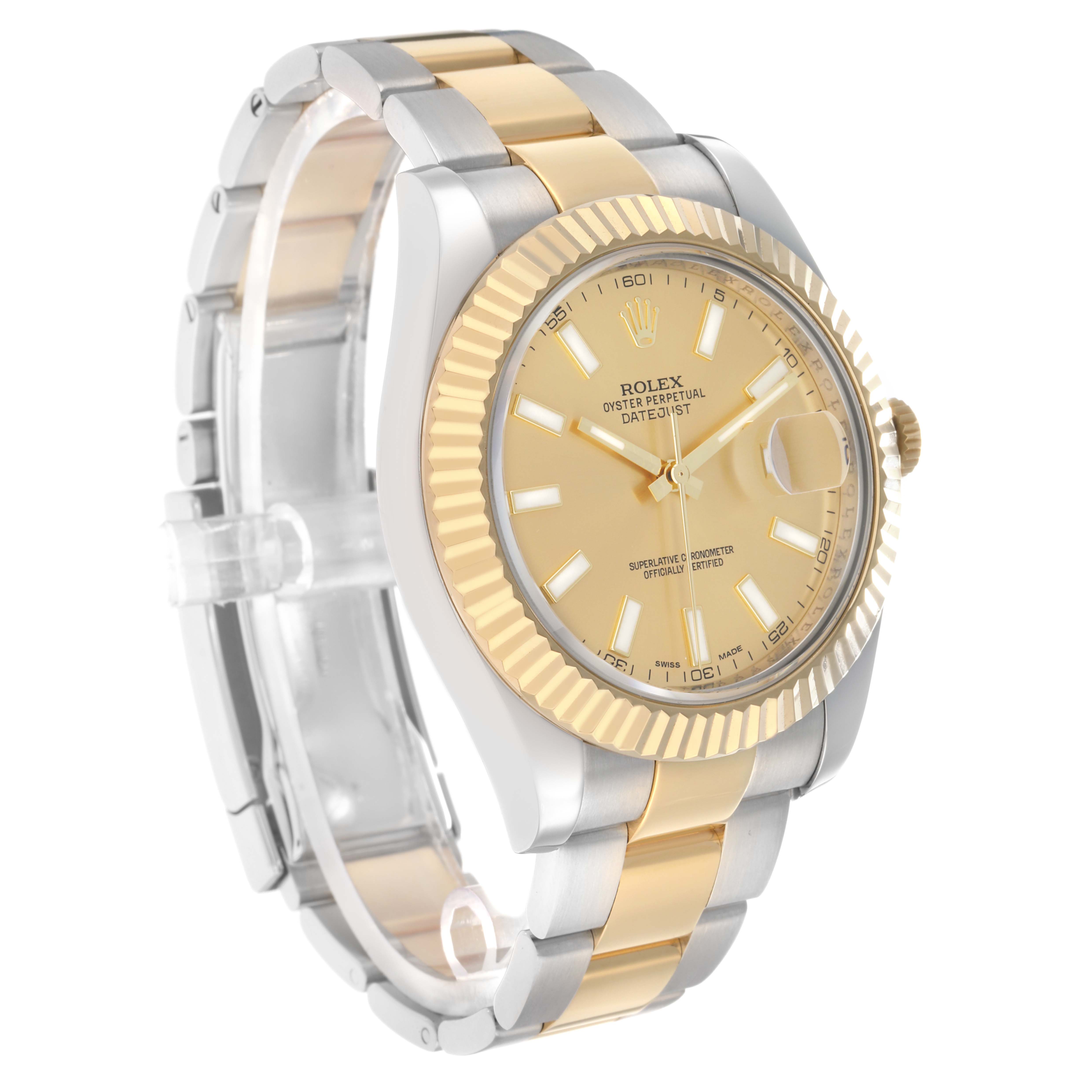 The Rolex Datejust 41 116333 Men
s Steel and Gold (two tone) Champagne Dial is shown at a slight angle, highlighting the gold dial, fluted bezel, and two-tone bracelet.