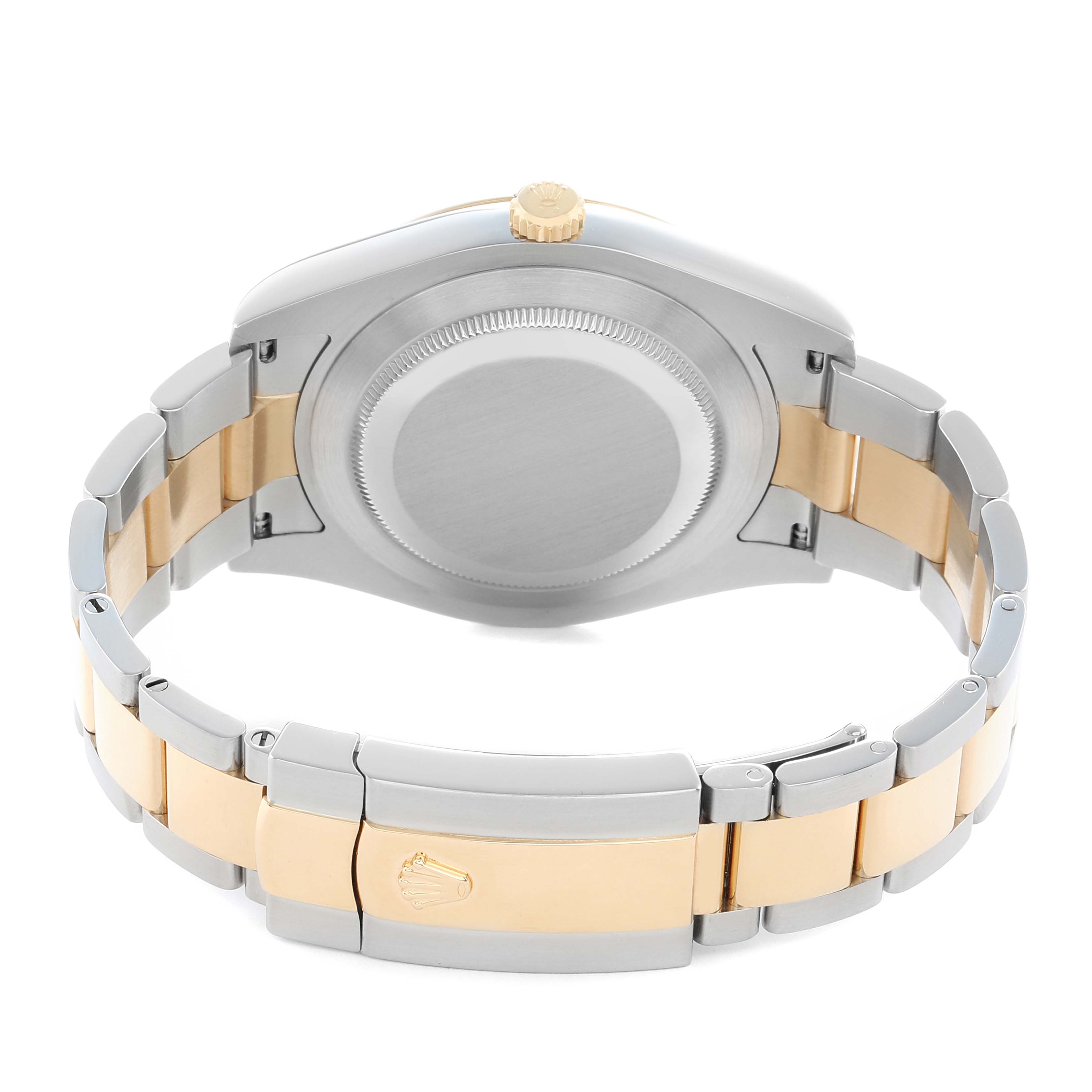 The image shows the back of a Rolex Datejust 41 116333 Men
s Steel and Gold (two tone) Champagne Dial, featuring the case back, gold crown, and two-tone bracelet with a clasp.