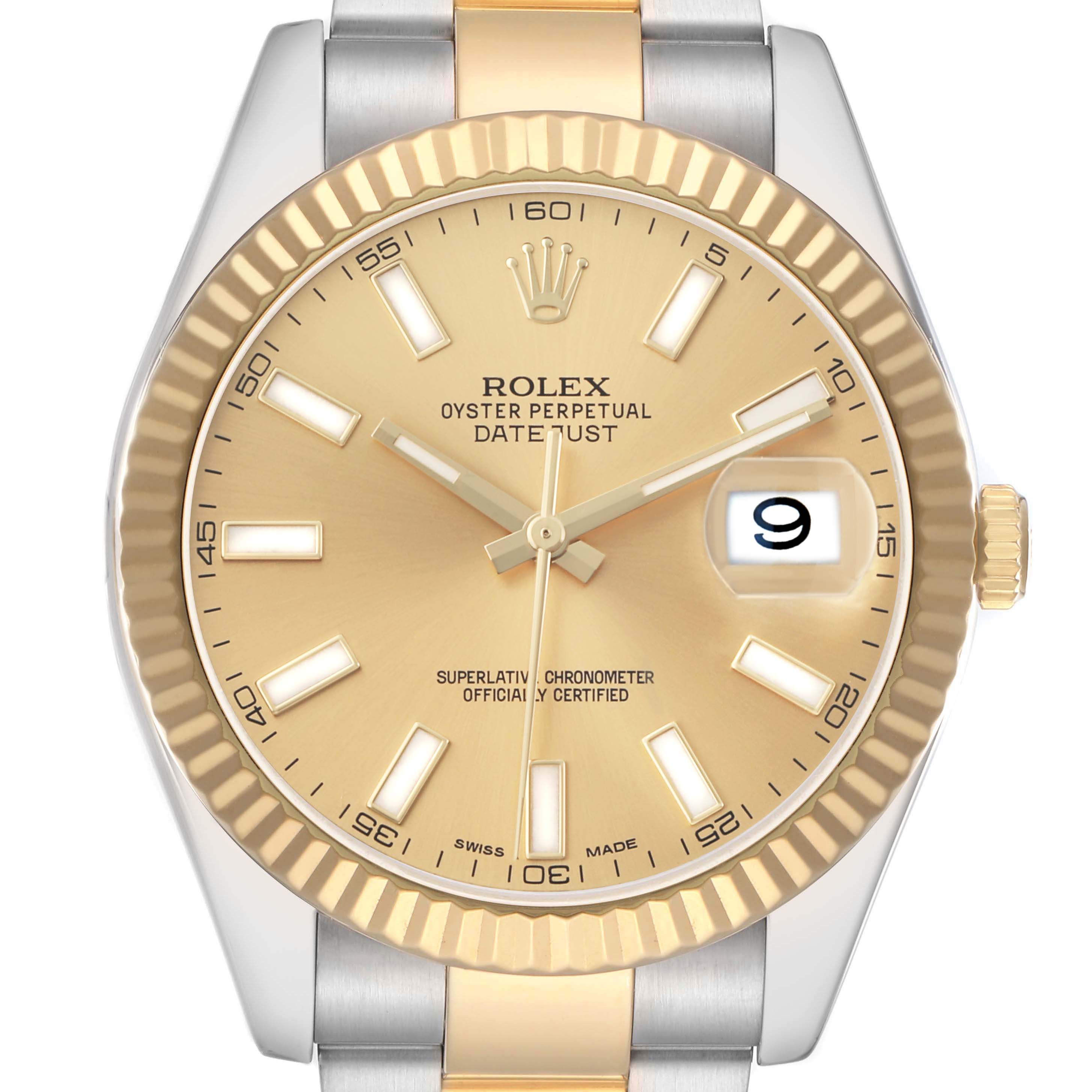 The Rolex Datejust 41 116333 Men
s Steel and Gold (two tone) Champagne Dial watch is shown from the front, highlighting the dial, hands, date window, and bezel.