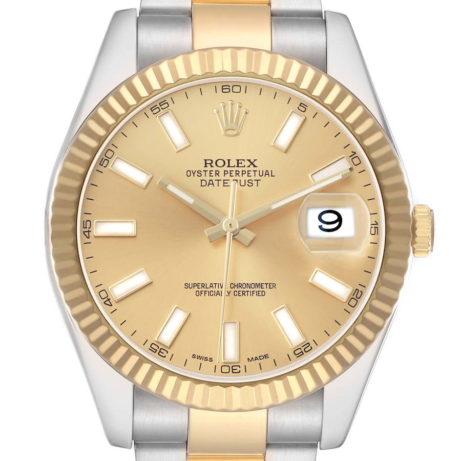 The Rolex Datejust 41 116333 Men's Steel and Gold (two tone) Champagne Dial watch is shown from the front, highlighting the dial, hands, date window, and bezel.
