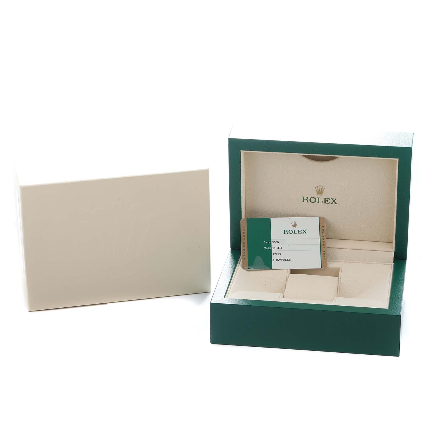 The image shows an open Rolex Datejust 41 116333 Men
s Steel and Gold (two tone) Champagne Dial watch box and card from a front angle, along with the outer cardboard box.