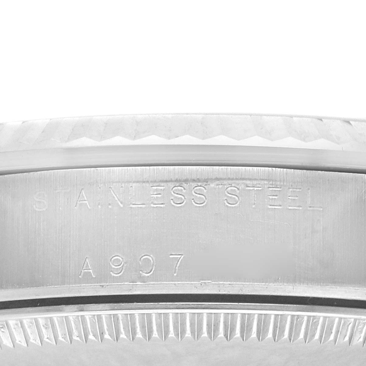 The image shows a close-up of the case side with engravings on a Rolex Mid-Size 78274 Women's Stainless Steel Mother of Pearl Dial model watch.