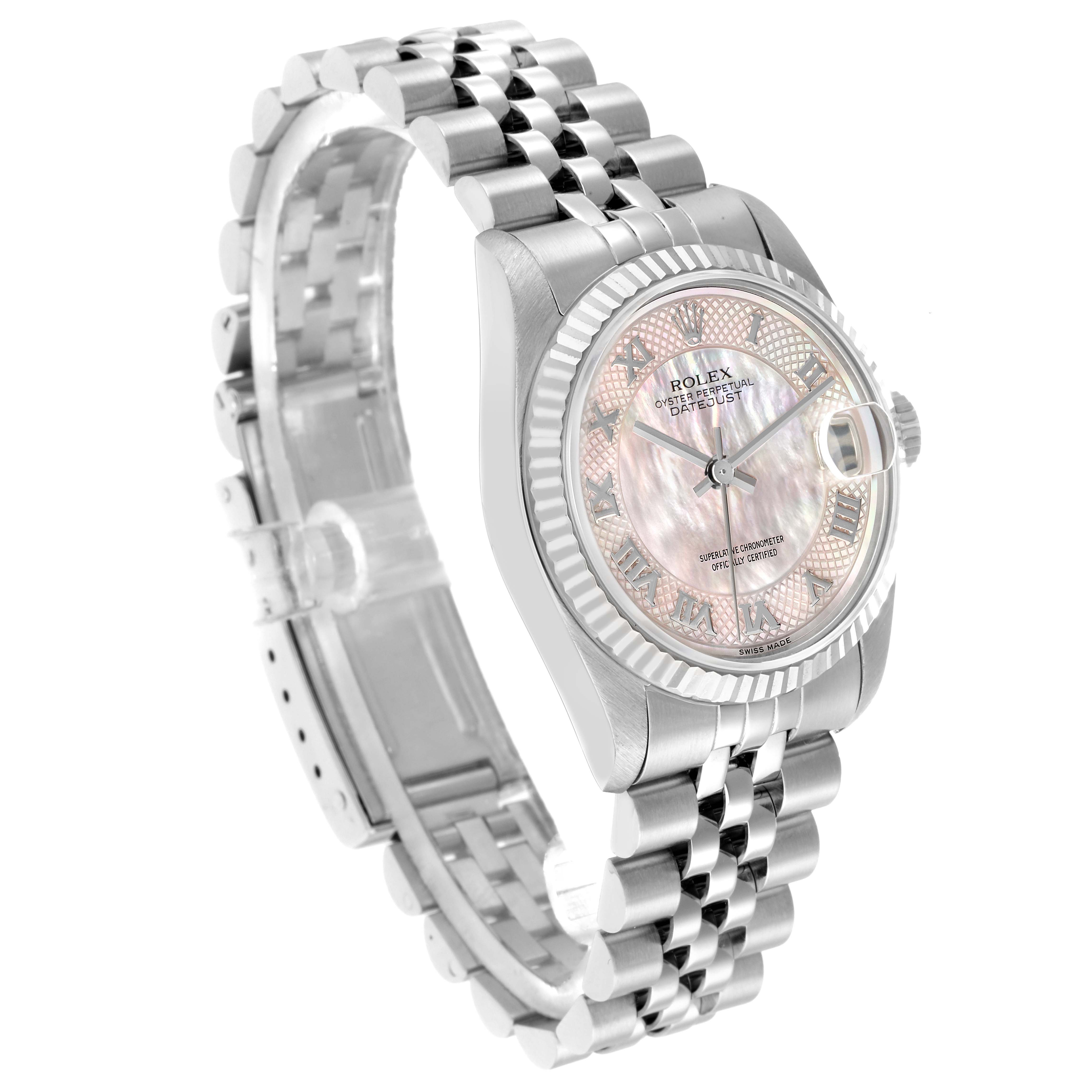 The Rolex Mid-Size 78274 Women's Stainless Steel Mother of Pearl Dial watch is shown from a front angle, highlighting the dial, bezel, and Jubilee bracelet.