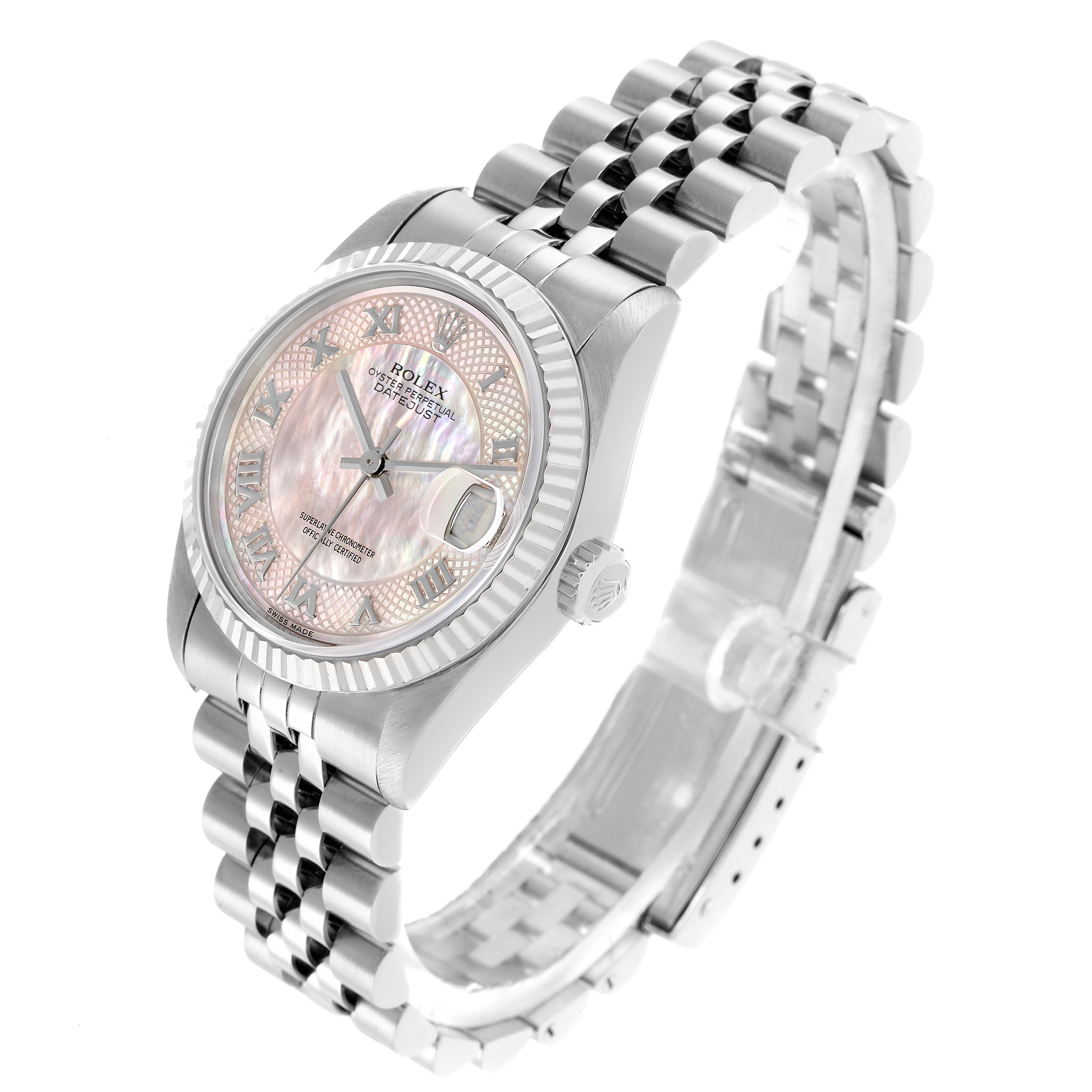 The Rolex Mid-Size 78274 Women's Stainless Steel Mother of Pearl Dial watch is shown at a three-quarter angle, highlighting the face, bezel, crown, and bracelet.