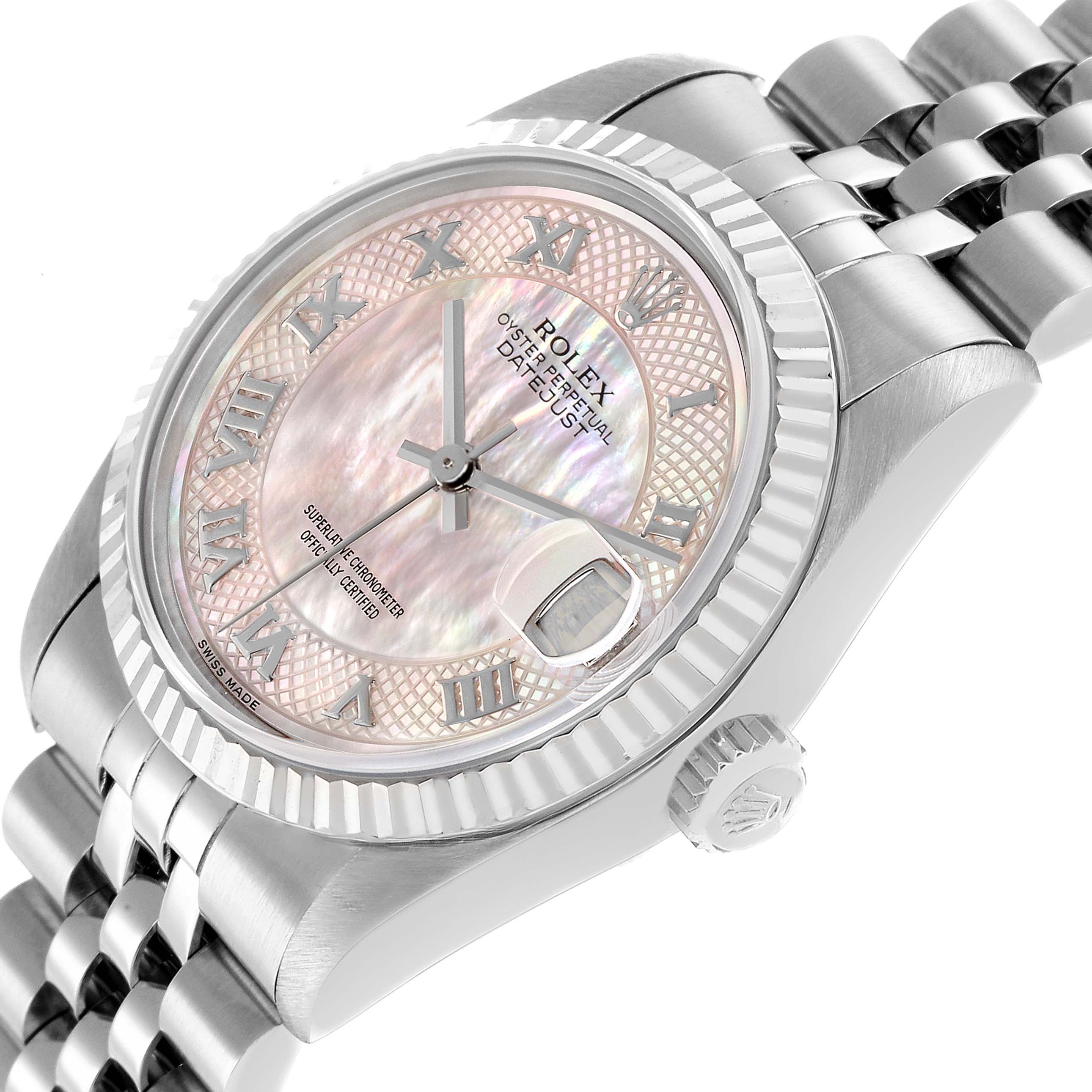 The Rolex Datejust Mid-Size is shown at a three-quarter angle, highlighting the dial, bezel, and part of the bracelet.