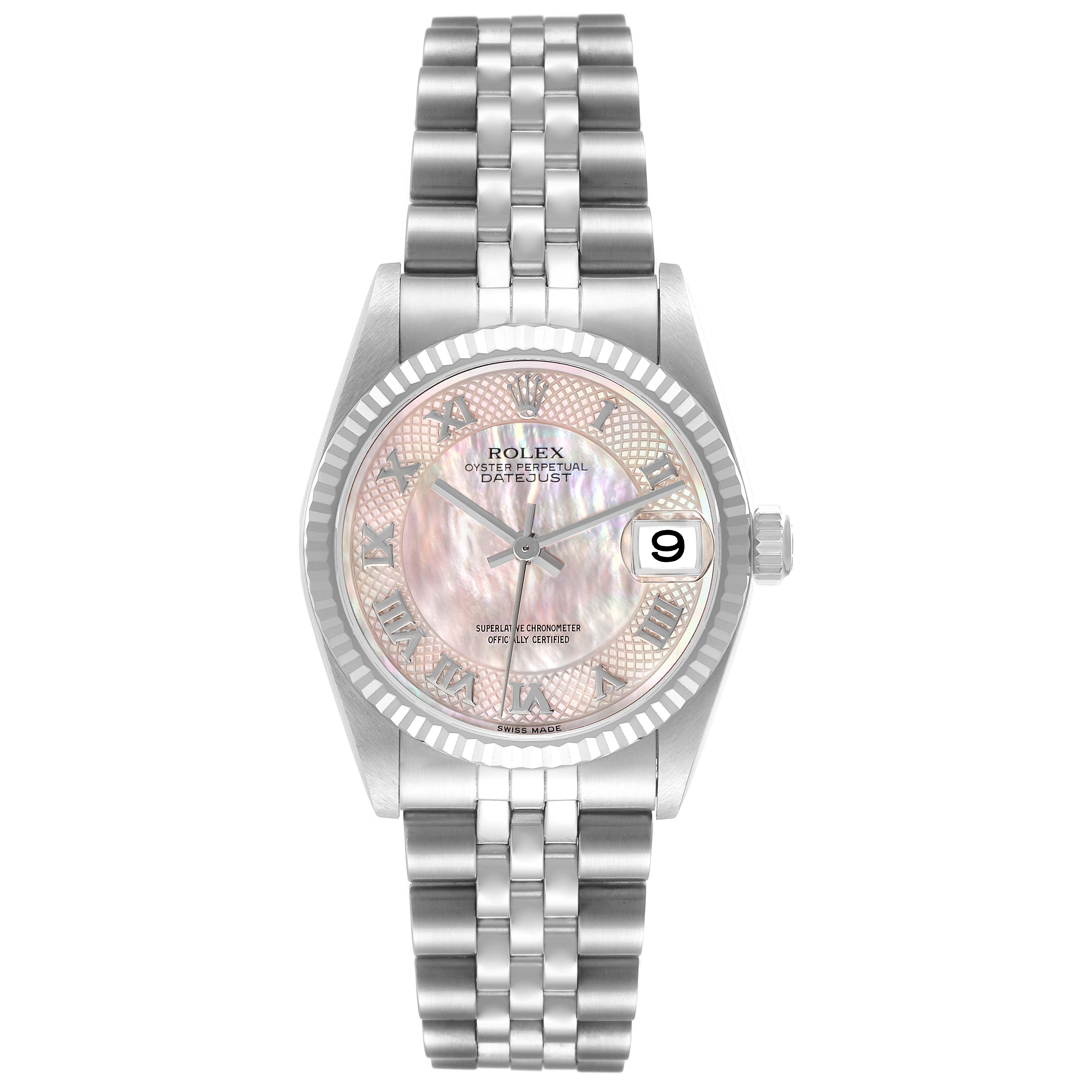The Rolex Mid-Size 78274 Women's Stainless Steel Mother of Pearl Dial watch is shown from a top view, highlighting its face, bezel, and bracelet.