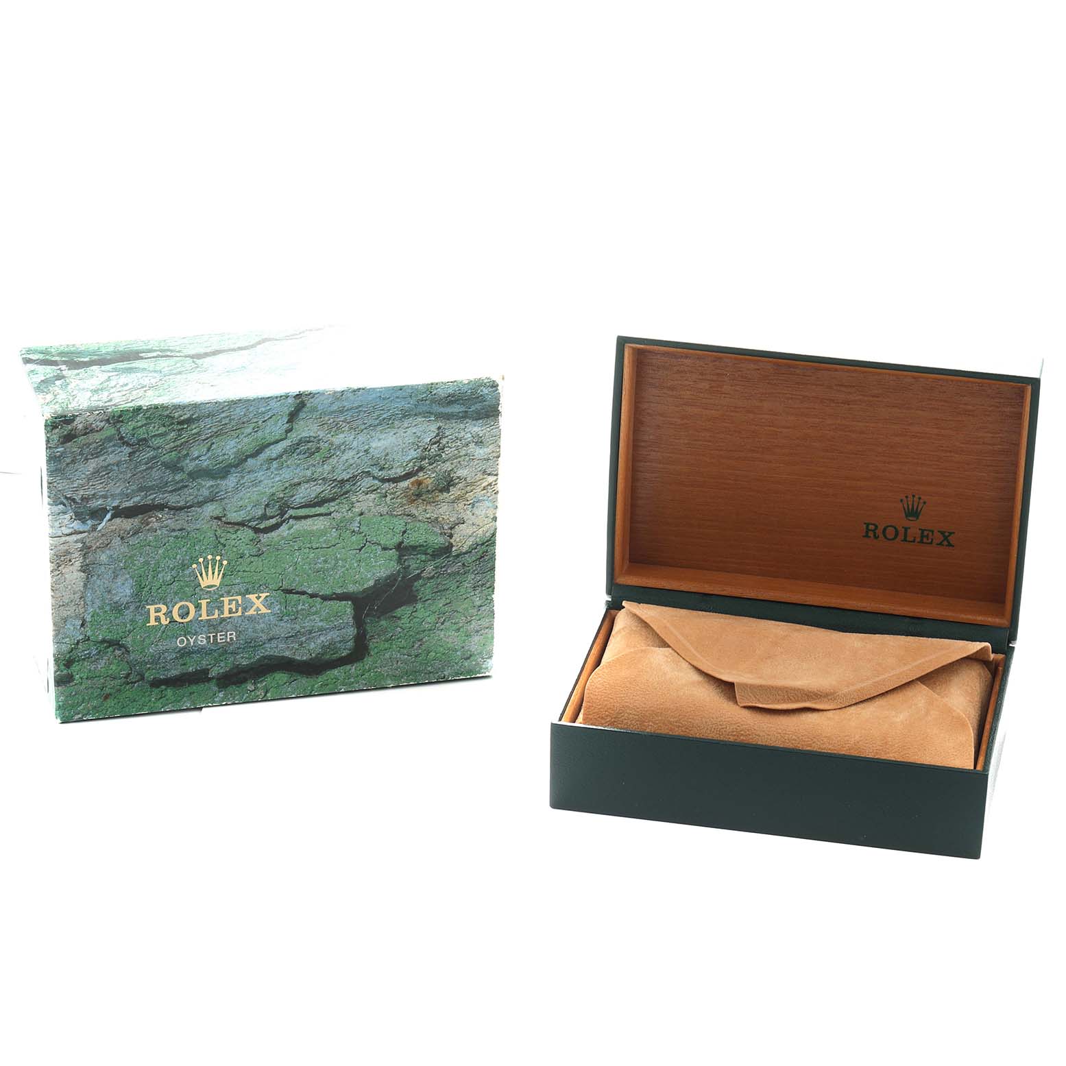 The image shows the Rolex Mid-Size 78274 Women's Stainless Steel Mother of Pearl Dial watch box and outer packaging from an angled view, with the inner box open and a pouch inside.