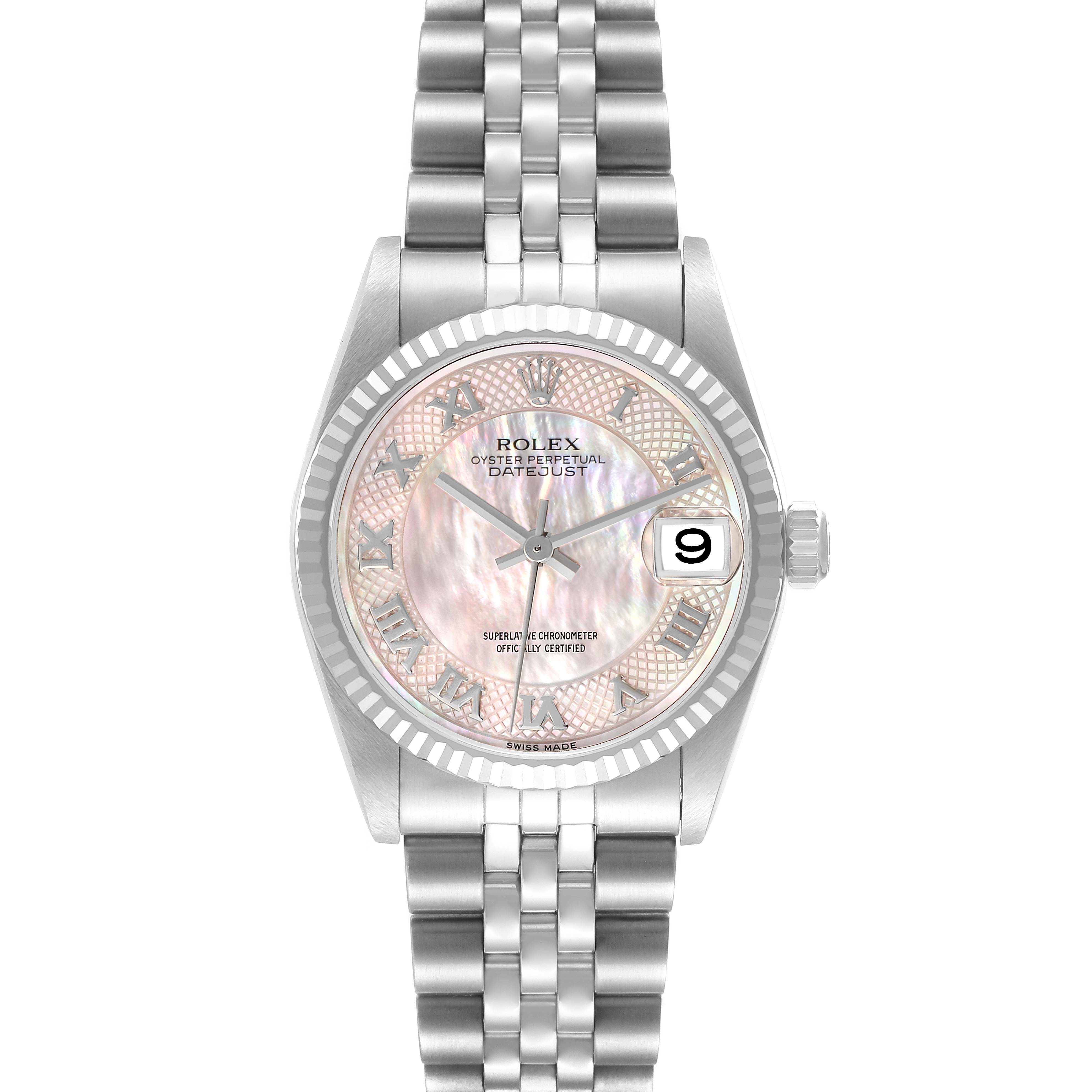 The Rolex Mid-Size 78274 Women's Stainless Steel Mother of Pearl Dial watch is shown from a front angle, highlighting its mother-of-pearl dial, bezel, and bracelet.