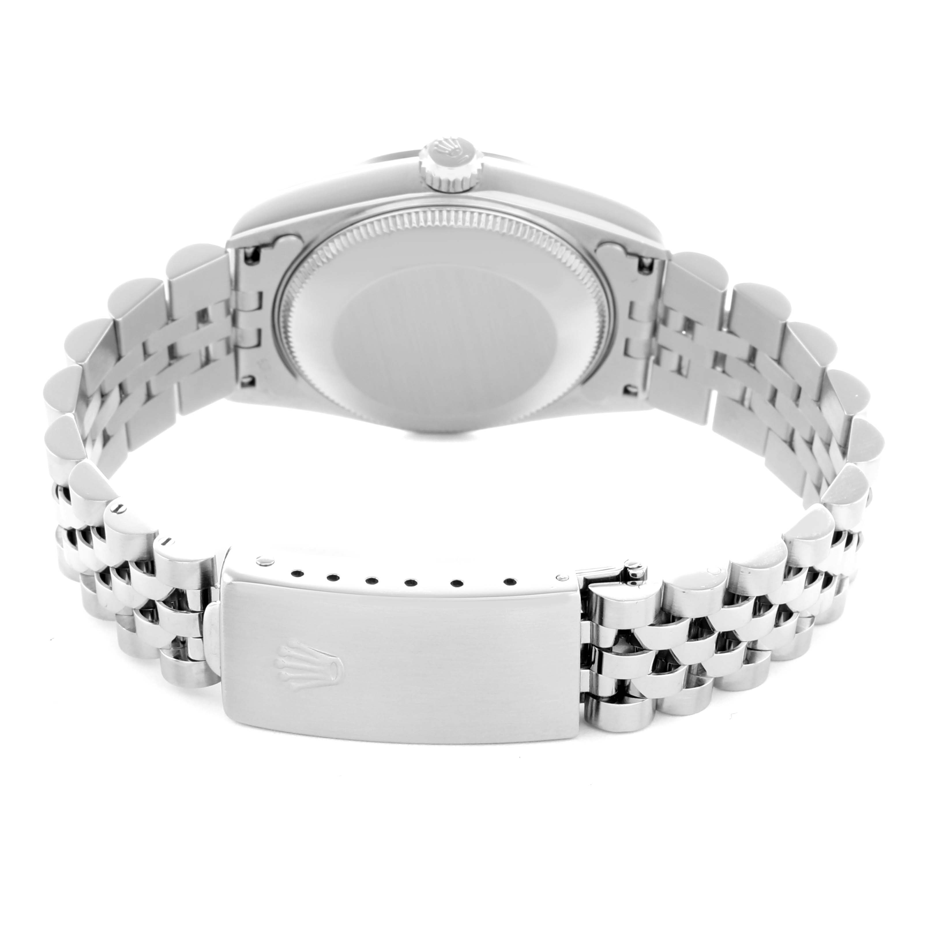 The image shows the back and clasp of a Rolex Mid-Size 78274 Women's Stainless Steel Mother of Pearl Dial model, featuring the bracelet and case back.