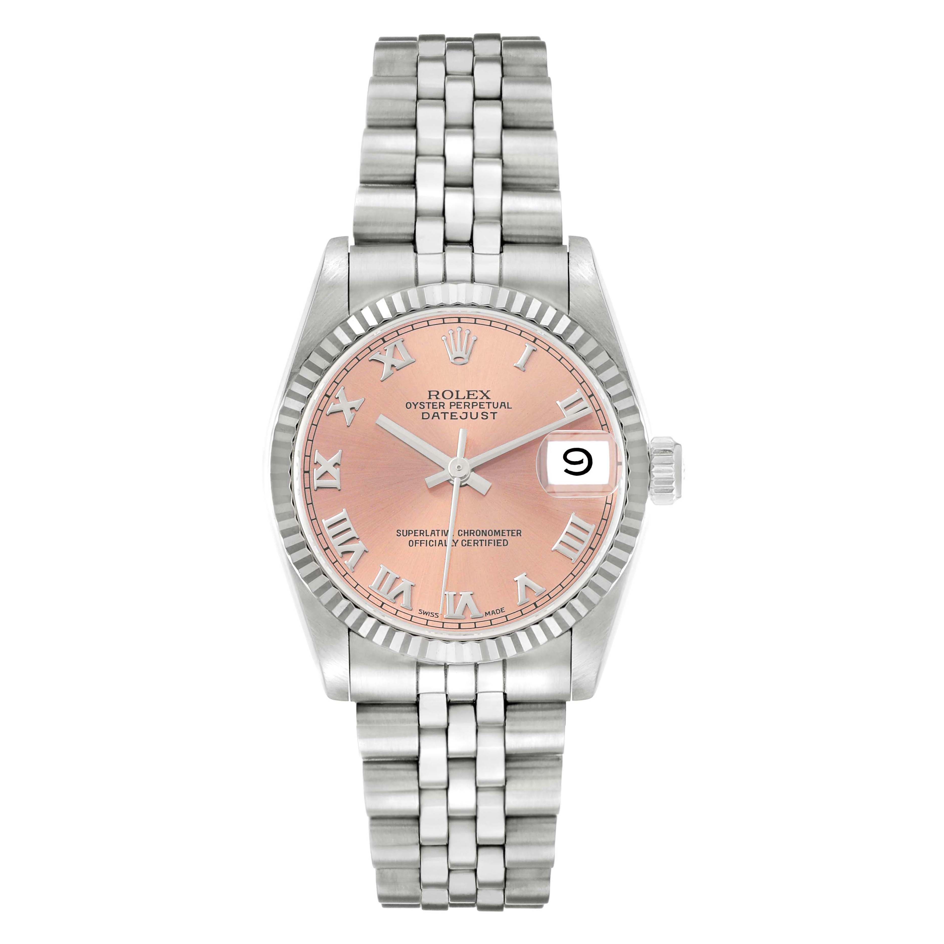 The Rolex Mid-Size 68274 Women's Stainless Steel Pink Dial model is shown from the front, displaying the dial, case, bezel, and bracelet clearly.