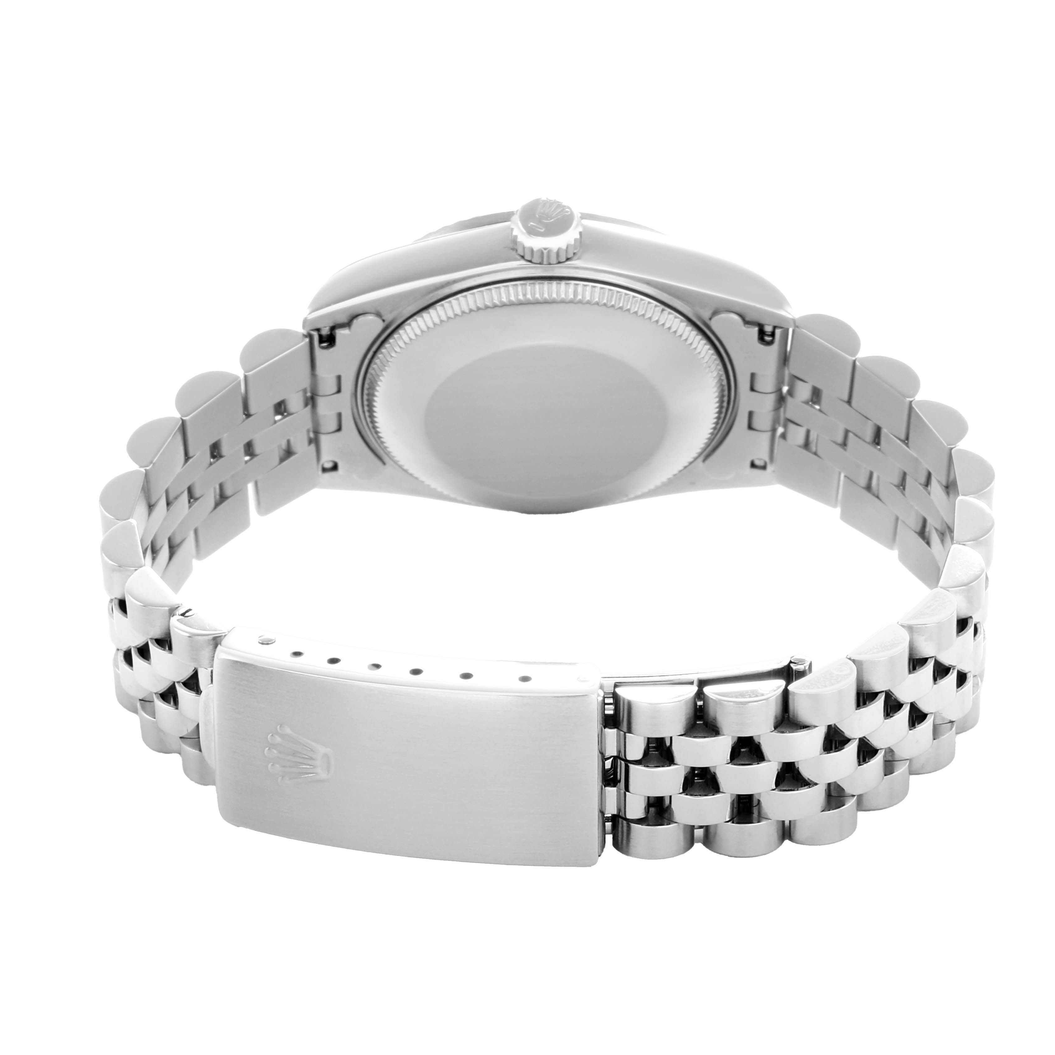 The image shows the back and bracelet of a Rolex Mid-Size 68274 Women's Stainless Steel Pink Dial watch, highlighting the clasp and case back from a rear angle.